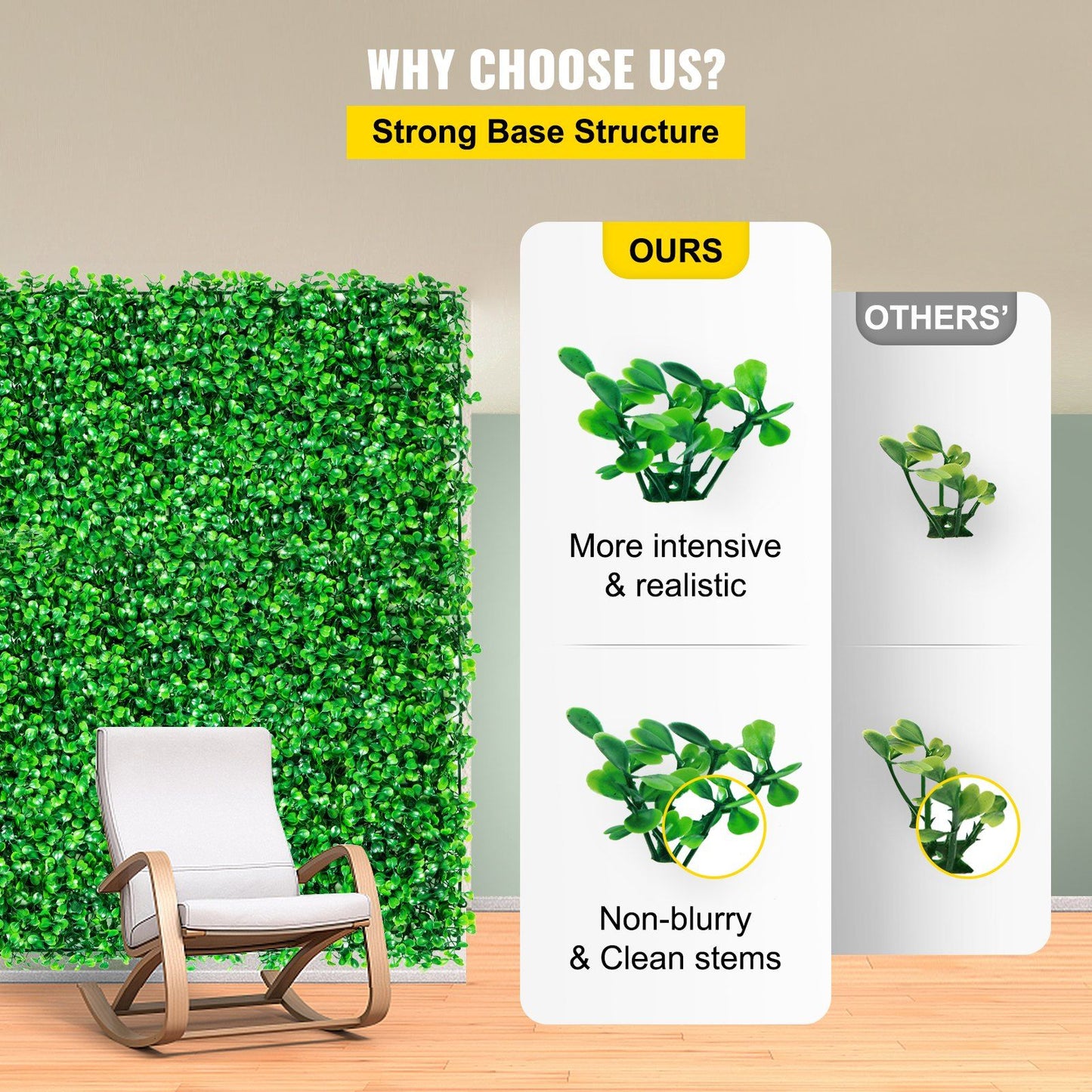 Artificial boxwood hedge panels with strong base structure and realistic clean stems displayed next to chair