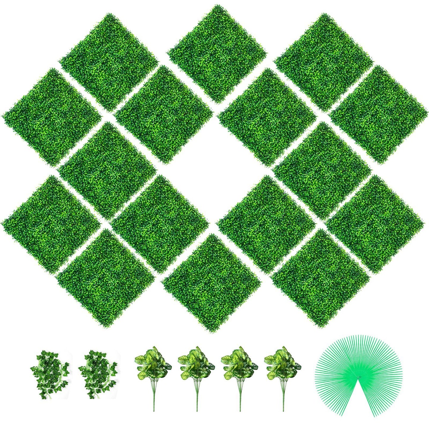 FauxMart.com artificial boxwood hedge panels arranged with green foliage accessories for decorative use