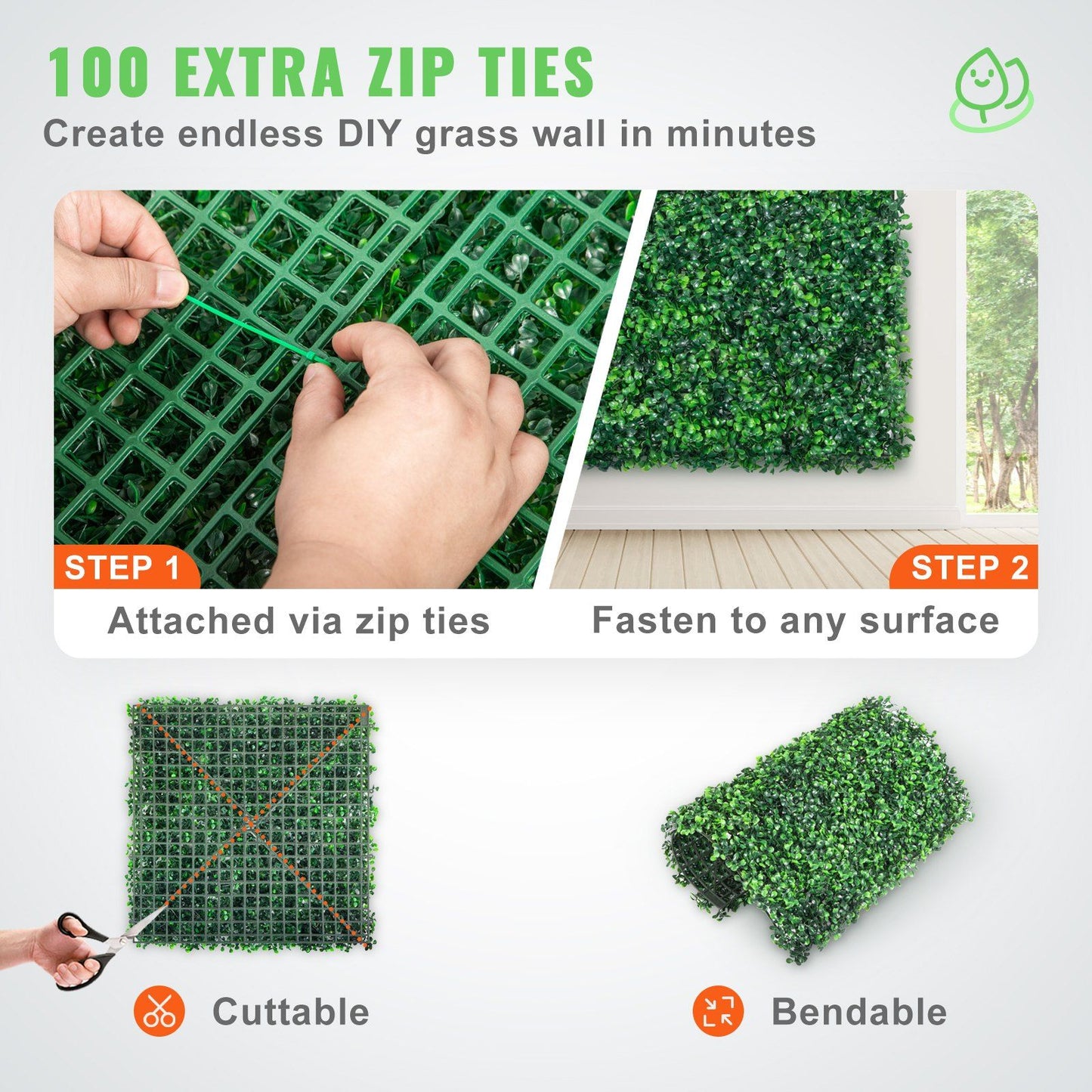 Artificial boxwood hedge panels showing zip tie attachment cuttable and bendable features for easy installation