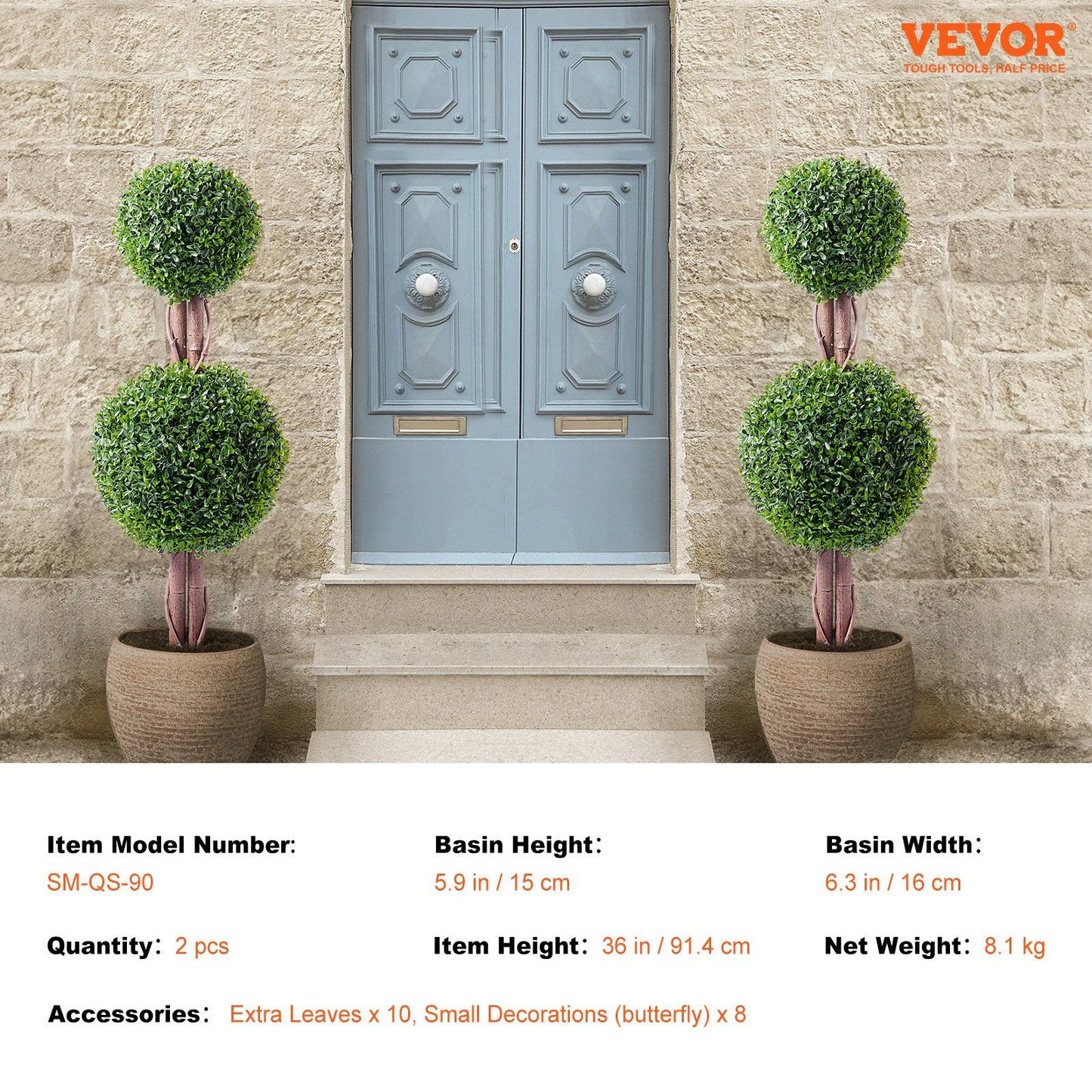 Pair of artificial boxwood topiary trees with double round green foliage in tan pots at doorstep