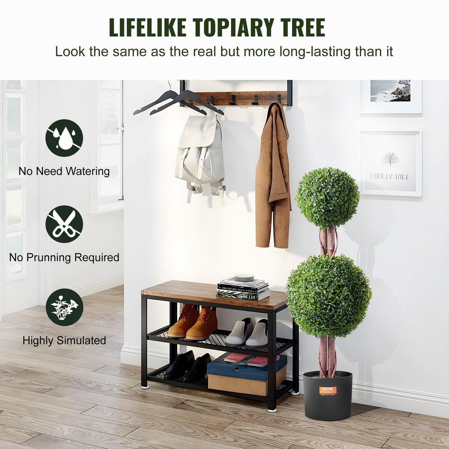 Artificial boxwood topiary tree with two green ball-shaped foliage in a black pot by a shoe rack in a modern entryway