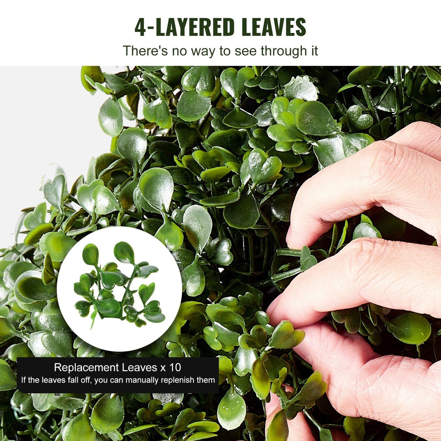 Close-up of artificial boxwood topiary tree set with 4-layered leaves and replacement leaves shown