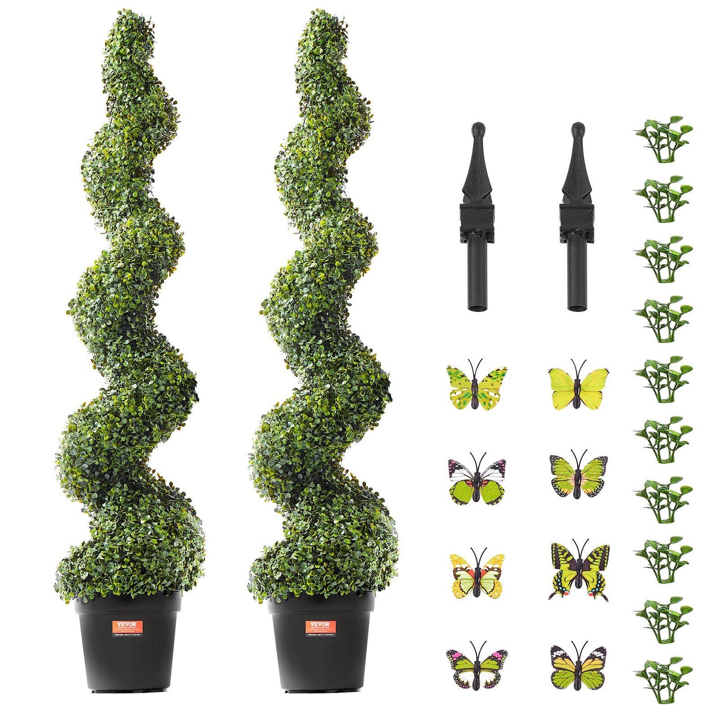 Artificial boxwood topiary tree set with two spiral trees in black pots and decorative butterfly clips