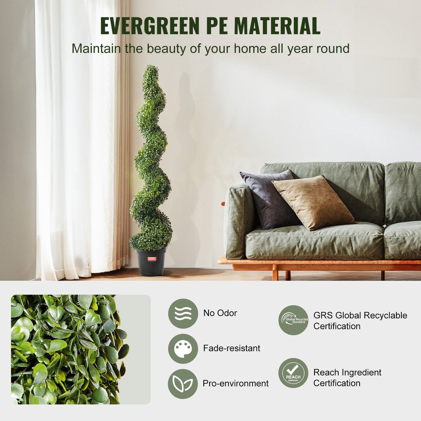 Artificial boxwood topiary tree set with spiral design in pot beside green couch in living room
