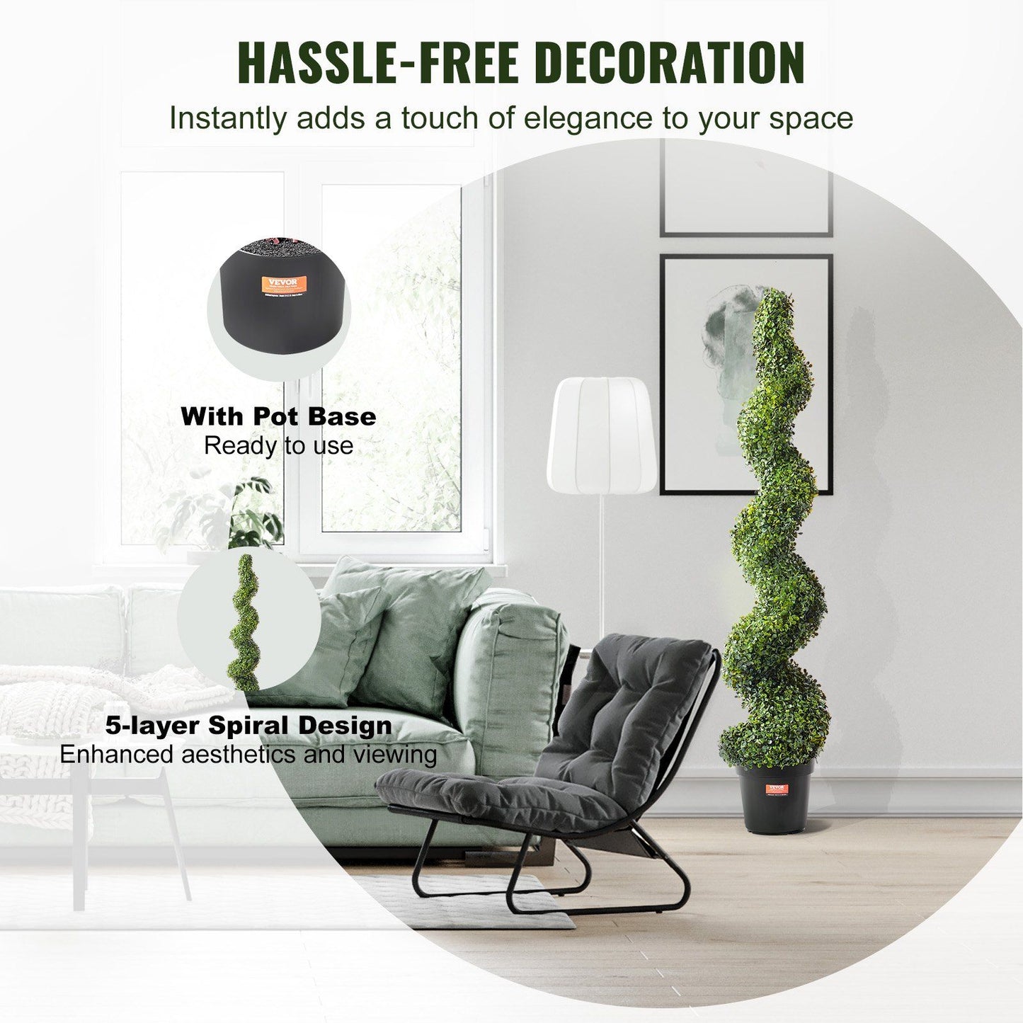 Artificial boxwood topiary tree set with 5-layer spiral design and pot base in modern living room