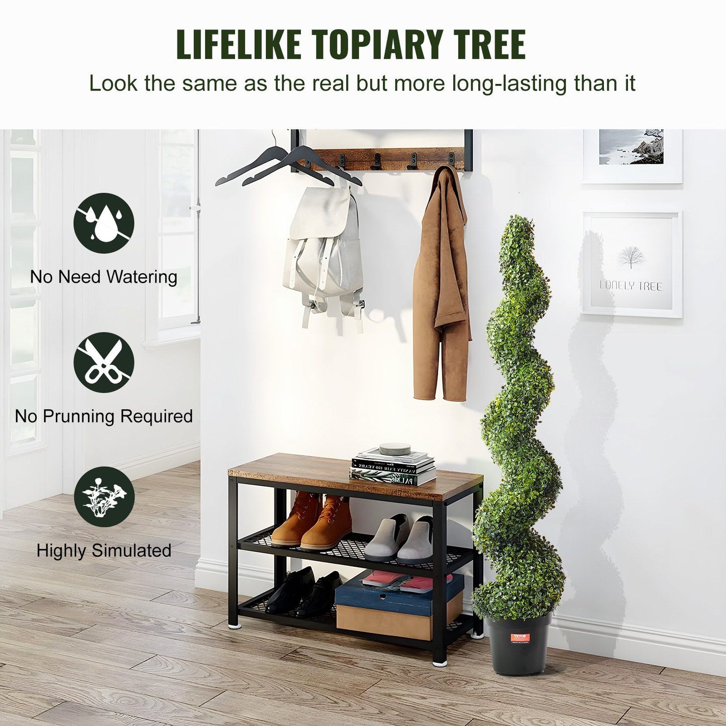 Artificial boxwood topiary tree set with spiral design in black pot by FauxMart.com in modern entryway