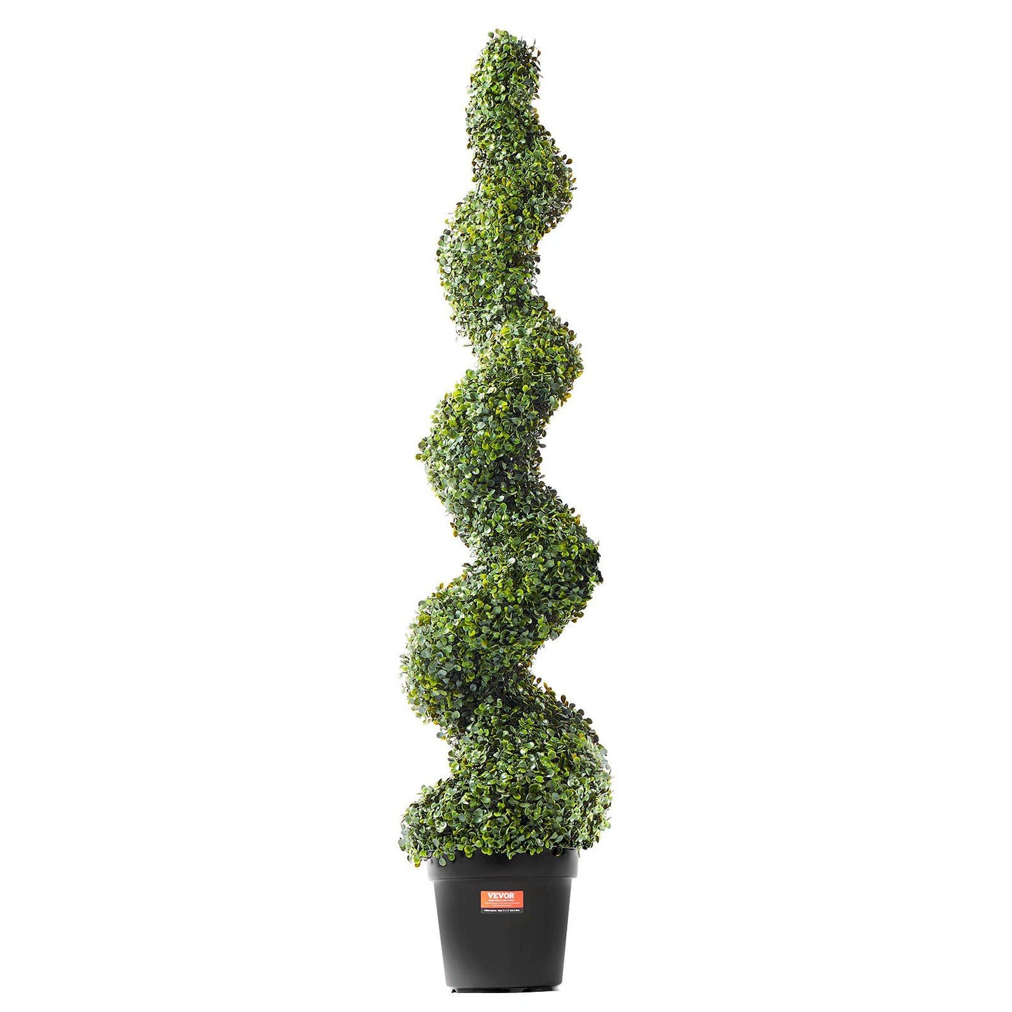 Tall artificial boxwood topiary tree set with spiral design in black planter from FauxMart.com
