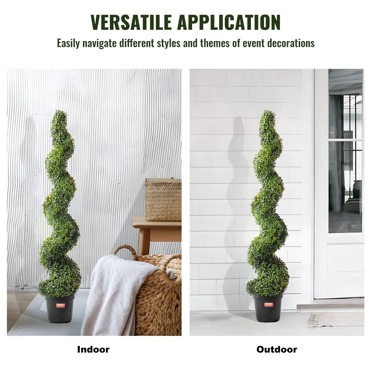 Artificial boxwood topiary tree set with spiral design in black pots shown in indoor and outdoor settings