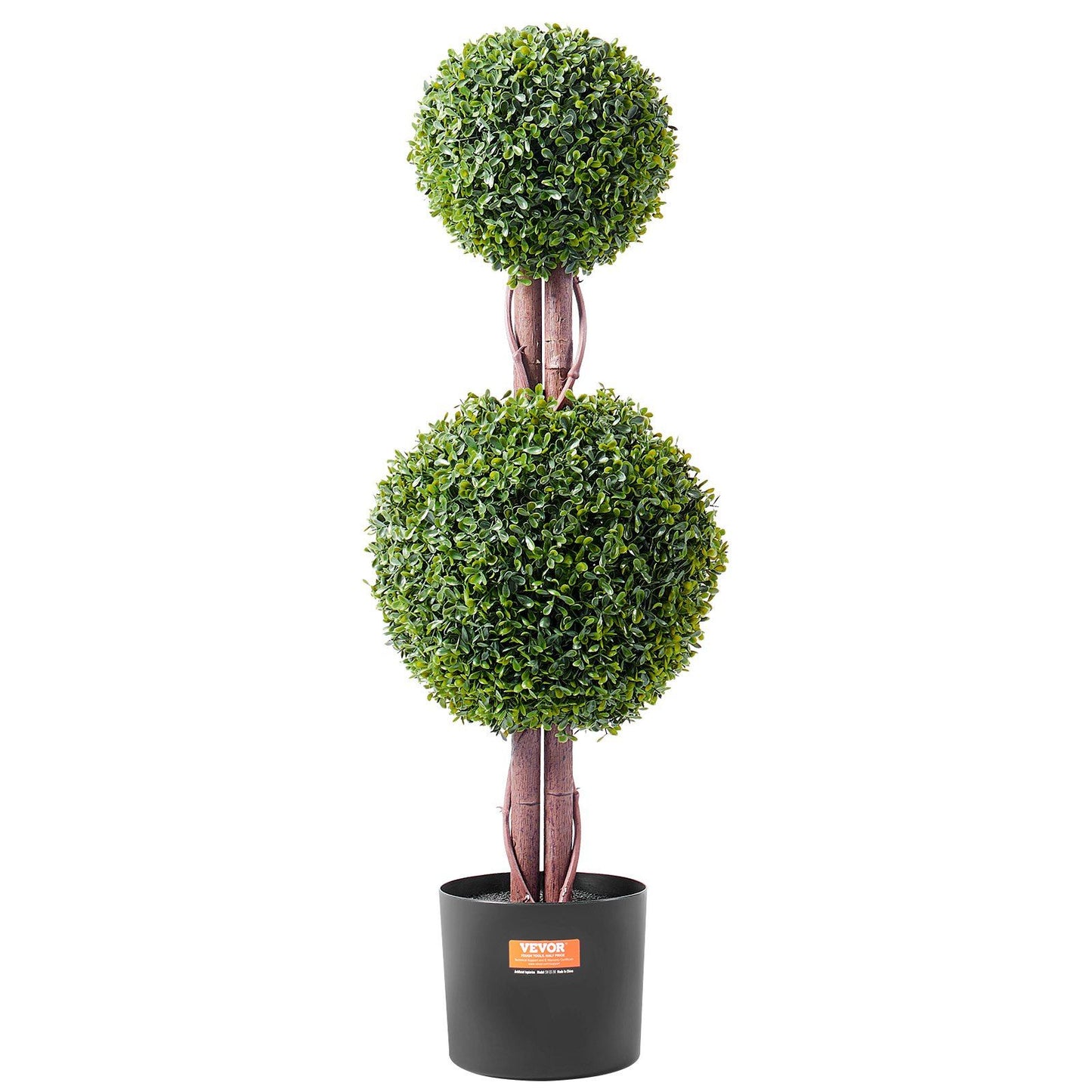 Artificial boxwood topiary tree with two green leafy spheres in a black pot from FauxMart.com