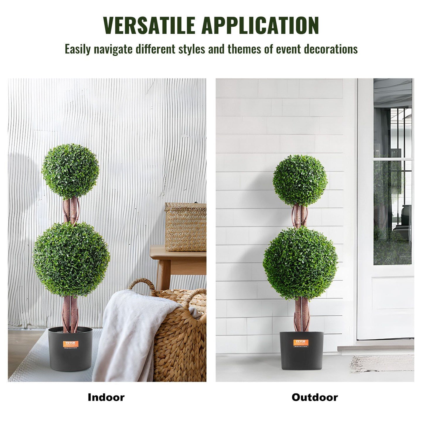 Artificial boxwood topiary tree with double green spheres in black pot shown for indoor and outdoor use