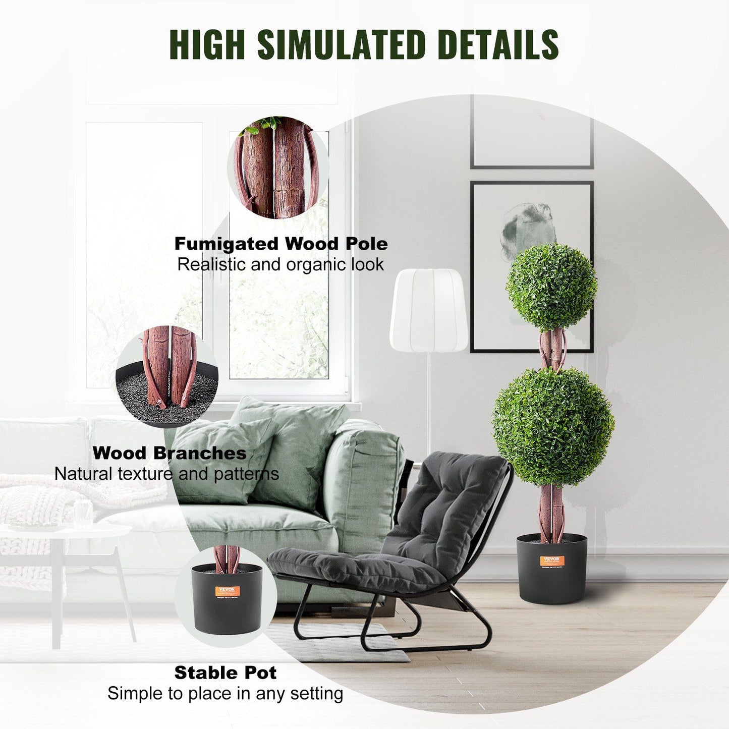 Artificial boxwood topiary tree with fumigated wood pole, wood branches, and stable pot in modern living room