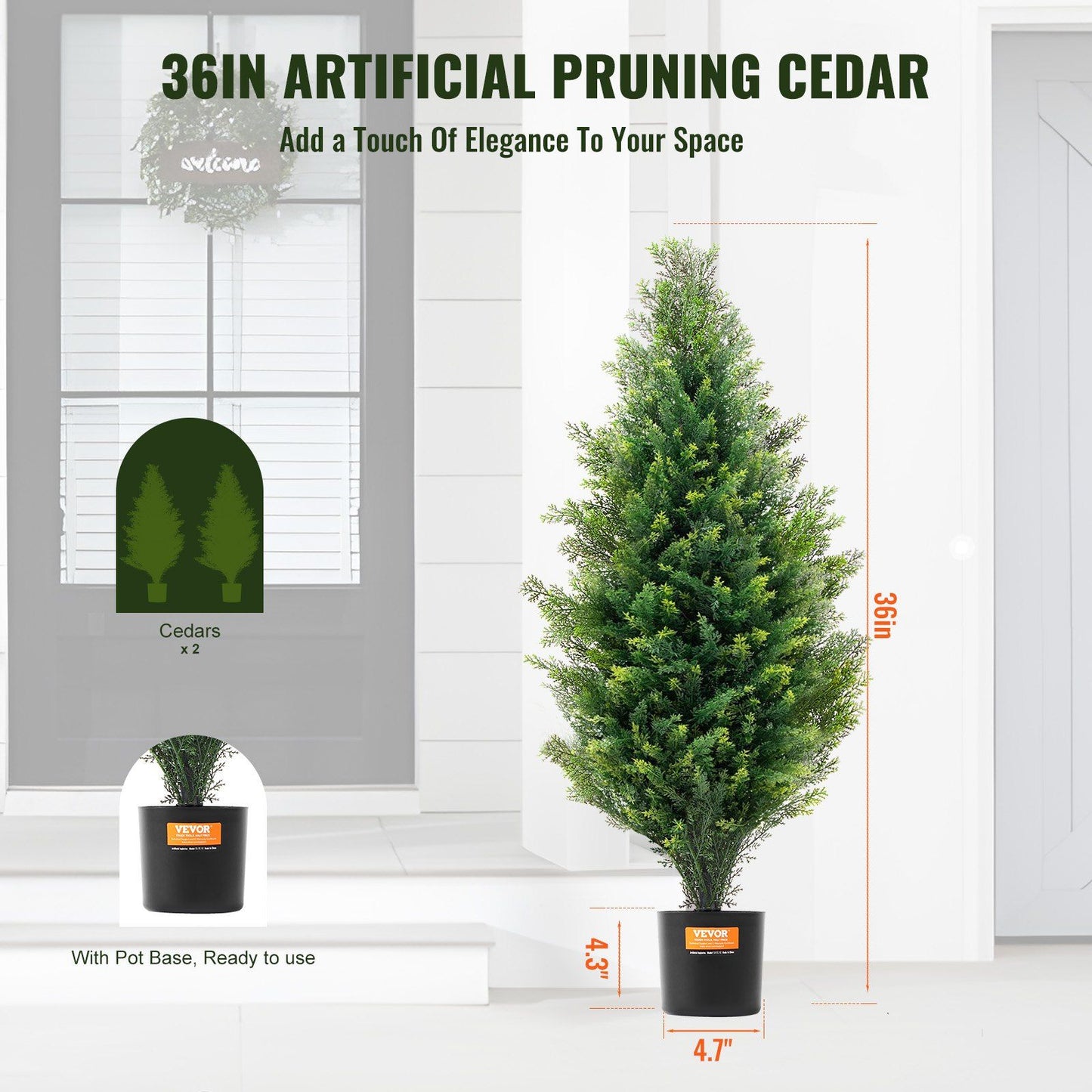 36 inch artificial cedar topiary trees in black pot base for indoor decorative use
