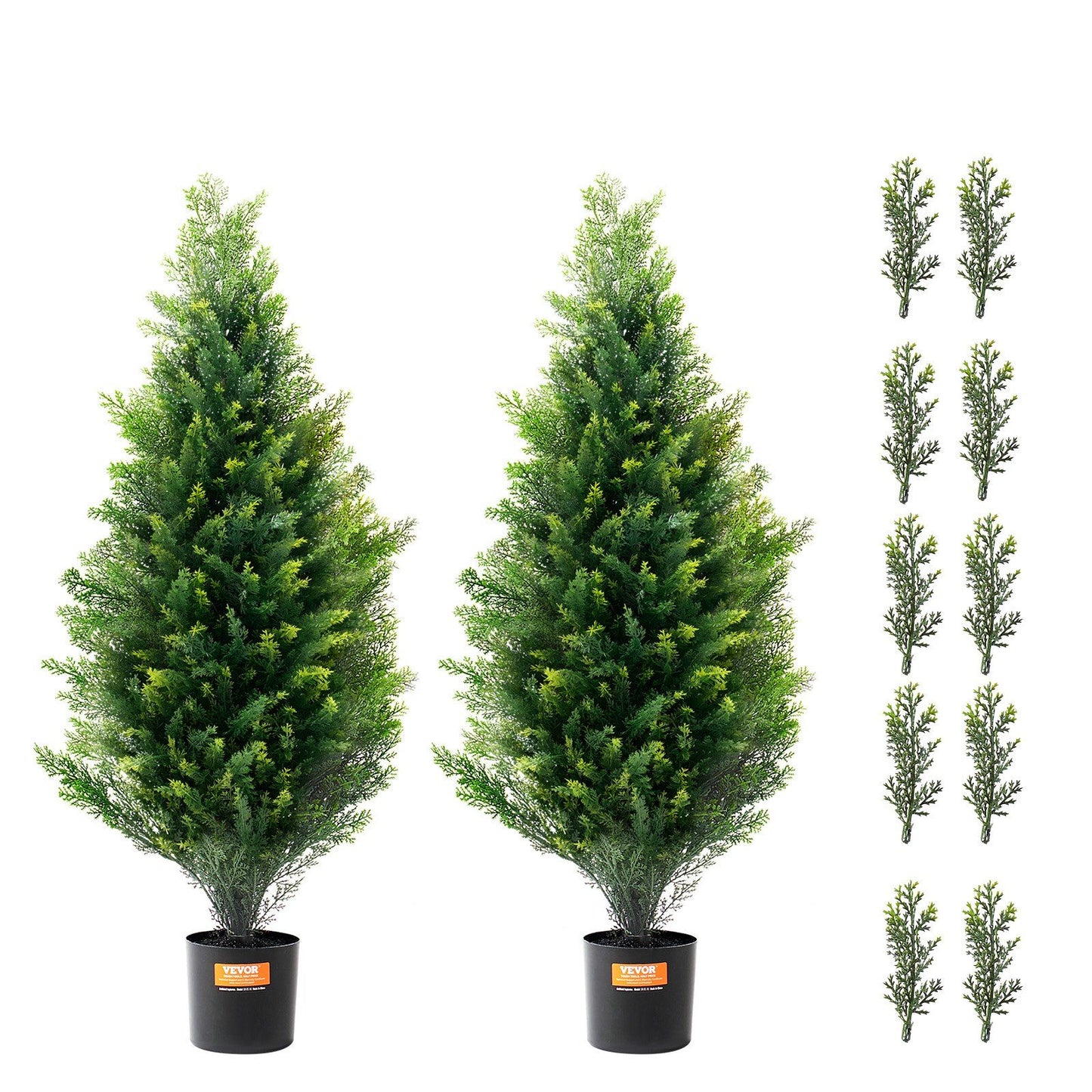Two artificial cedar topiary trees in black pots with additional cedar branches from FauxMart.com