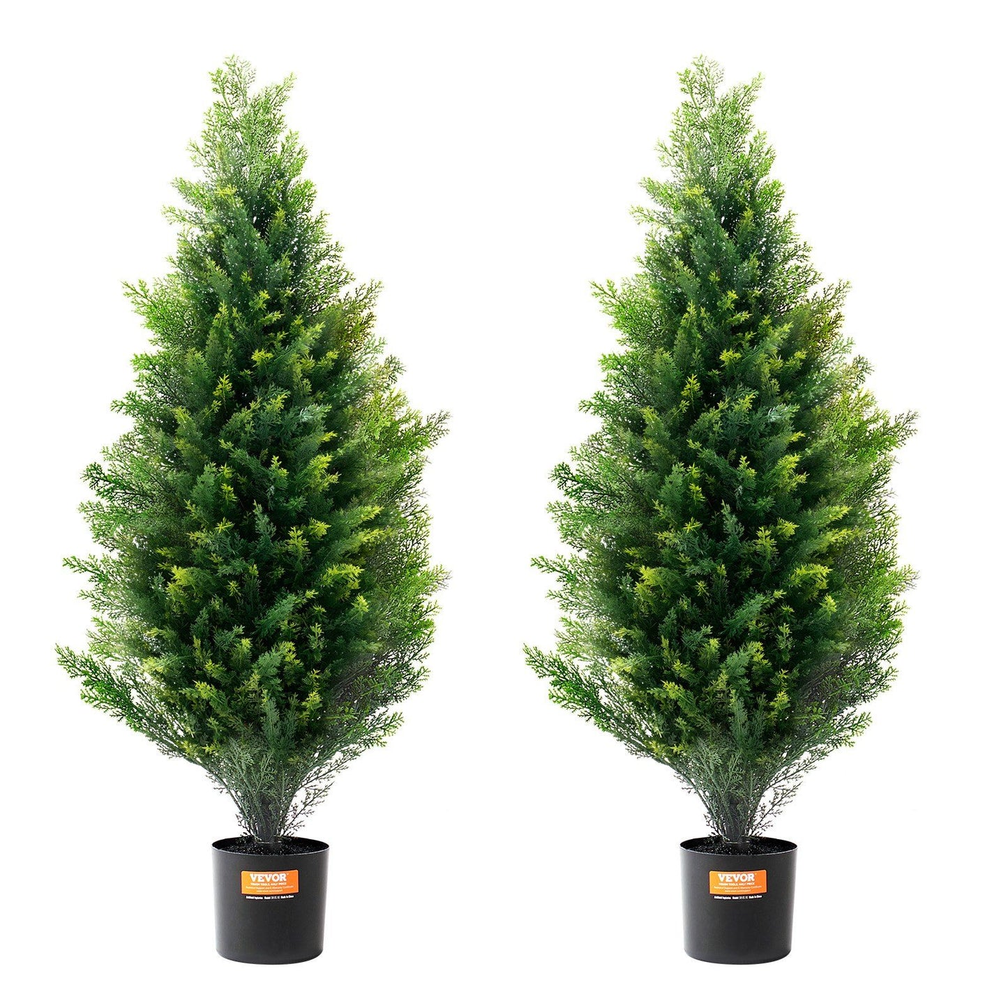 Two artificial cedar topiary trees in black pots from FauxMart.com with lush green foliage