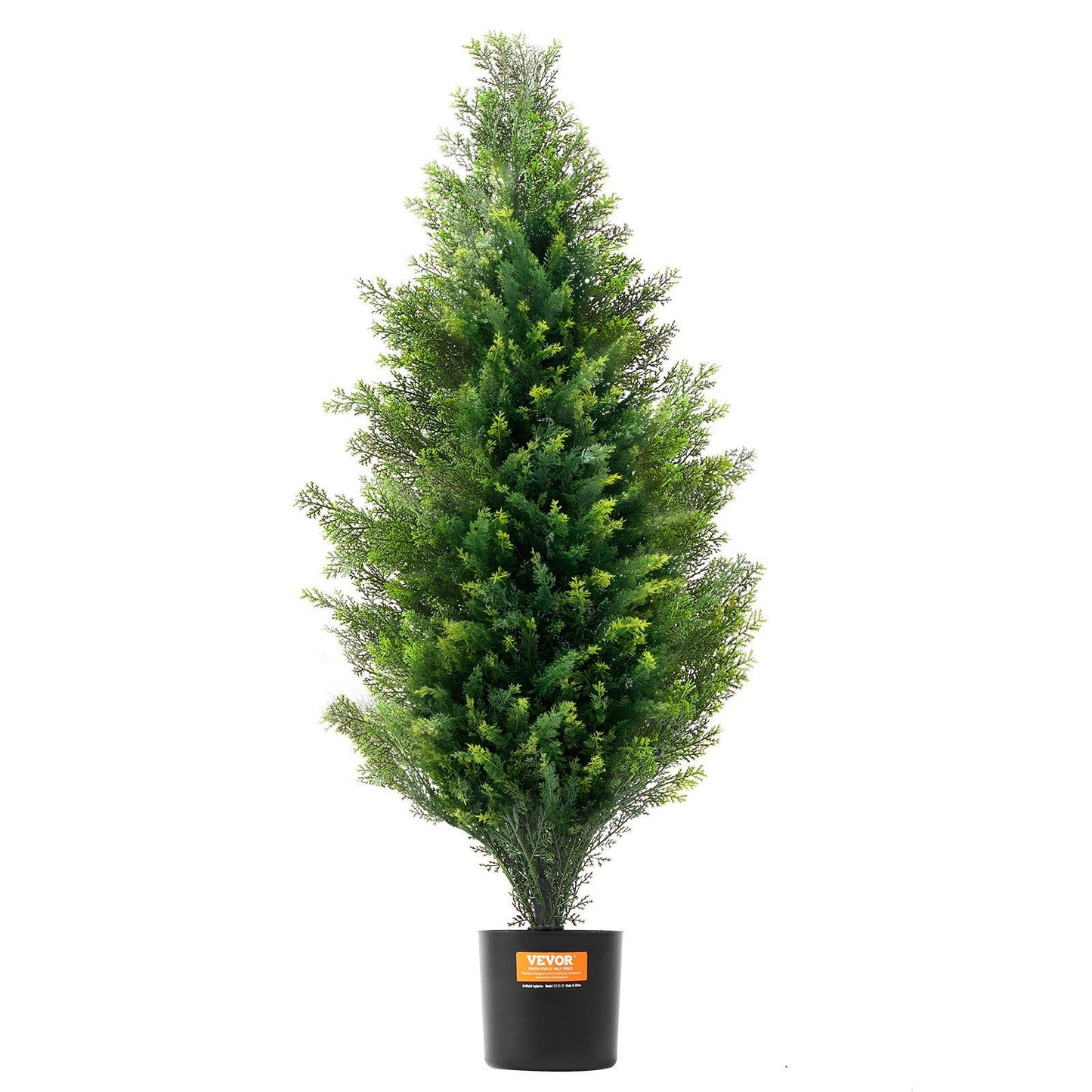 Tall artificial cedar topiary trees in black pot with lush green foliage from FauxMart.com