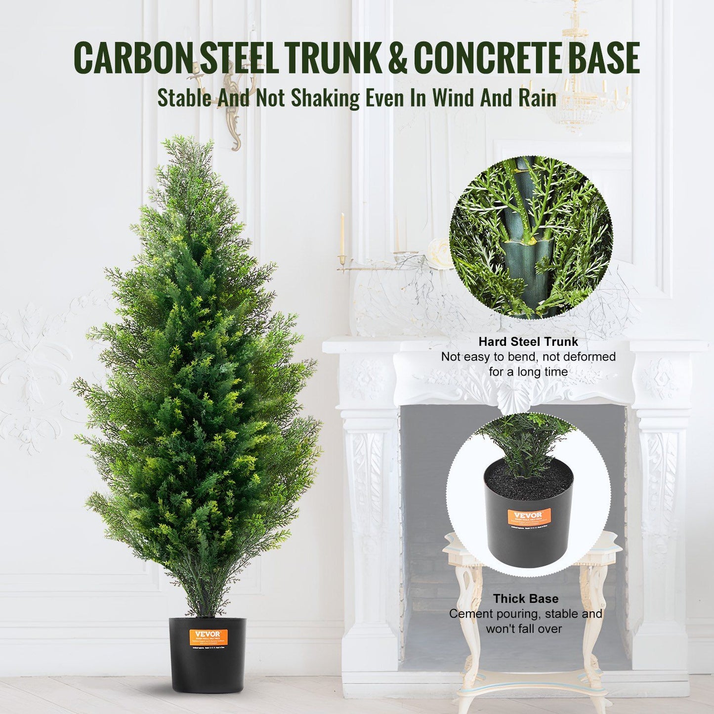 Artificial cedar topiary trees with carbon steel trunk and concrete base for stability indoors