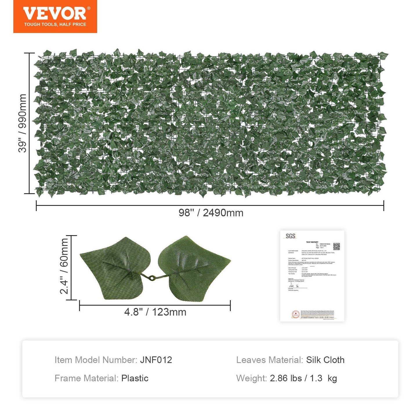 Artificial ivy privacy fence panel by FauxMart.com with silk cloth leaves and plastic frame measuring 98 by 39 inches