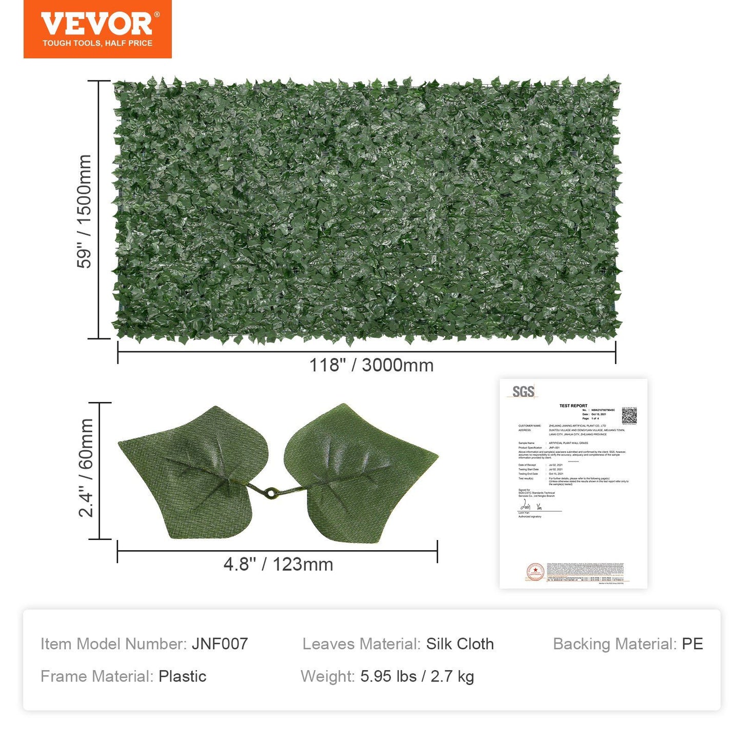 Vevor artificial ivy privacy fence panel 59 by 118 inches with silk cloth leaves and plastic frame