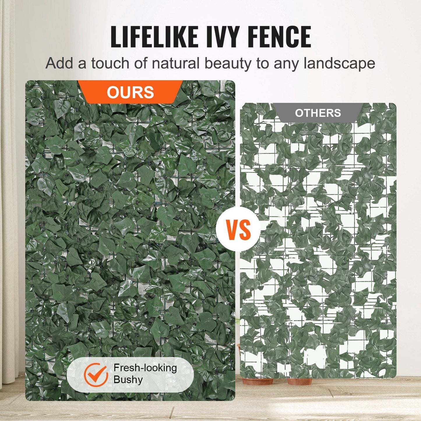 Side by side comparison of artificial ivy privacy fence panels showing fresh-looking bushy leaves on FauxMart.com version versus sparse leaves on others