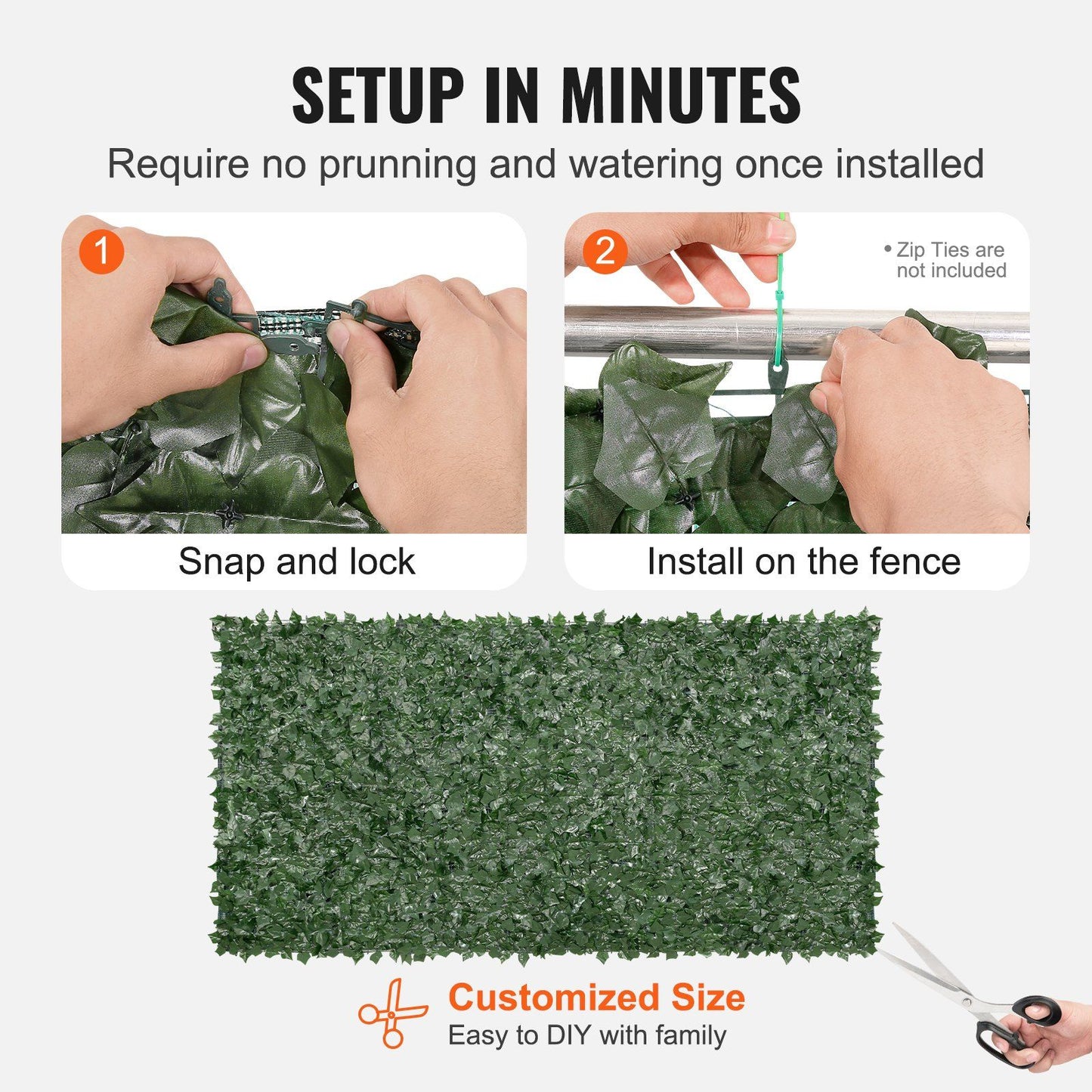 Artificial ivy privacy fence panel setup showing snap and lock installation on metal fence