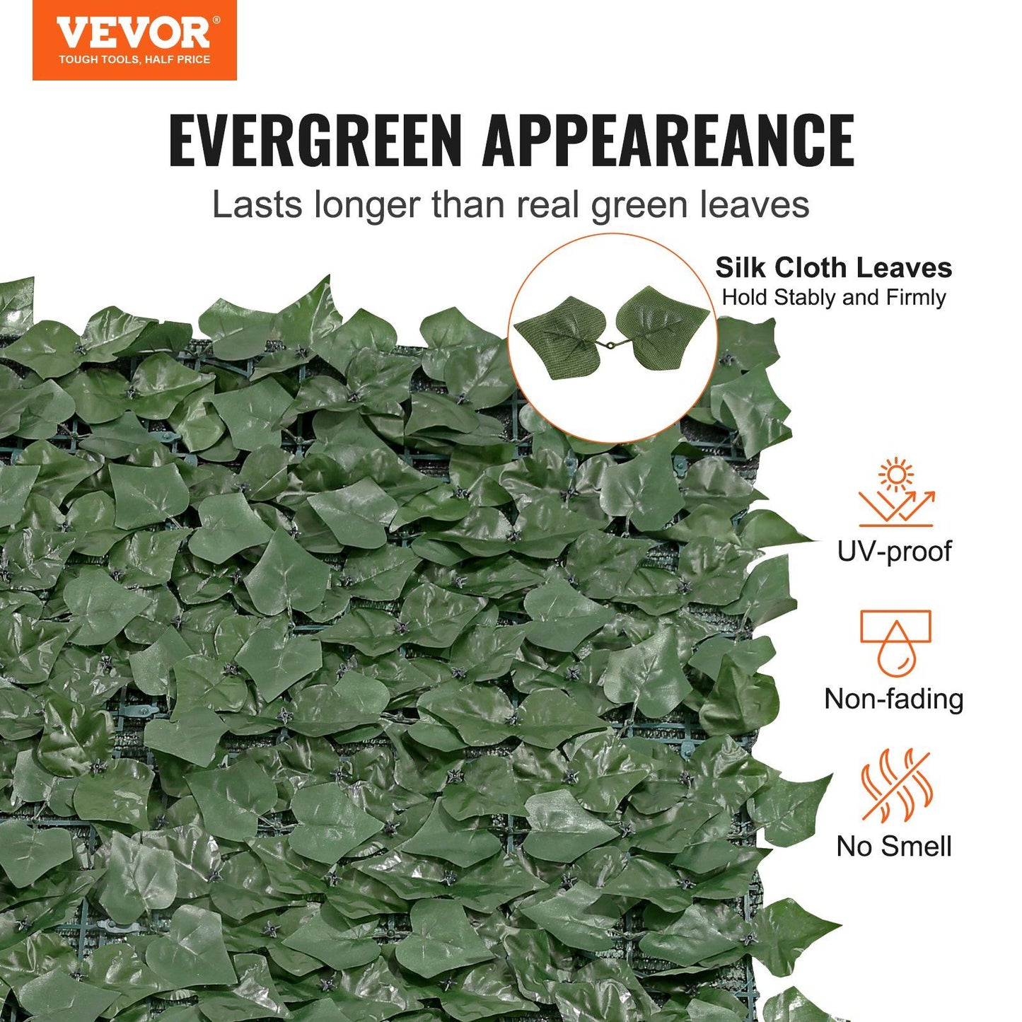 Artificial ivy privacy fence with evergreen silk cloth leaves that are UV-proof non-fading and odor free