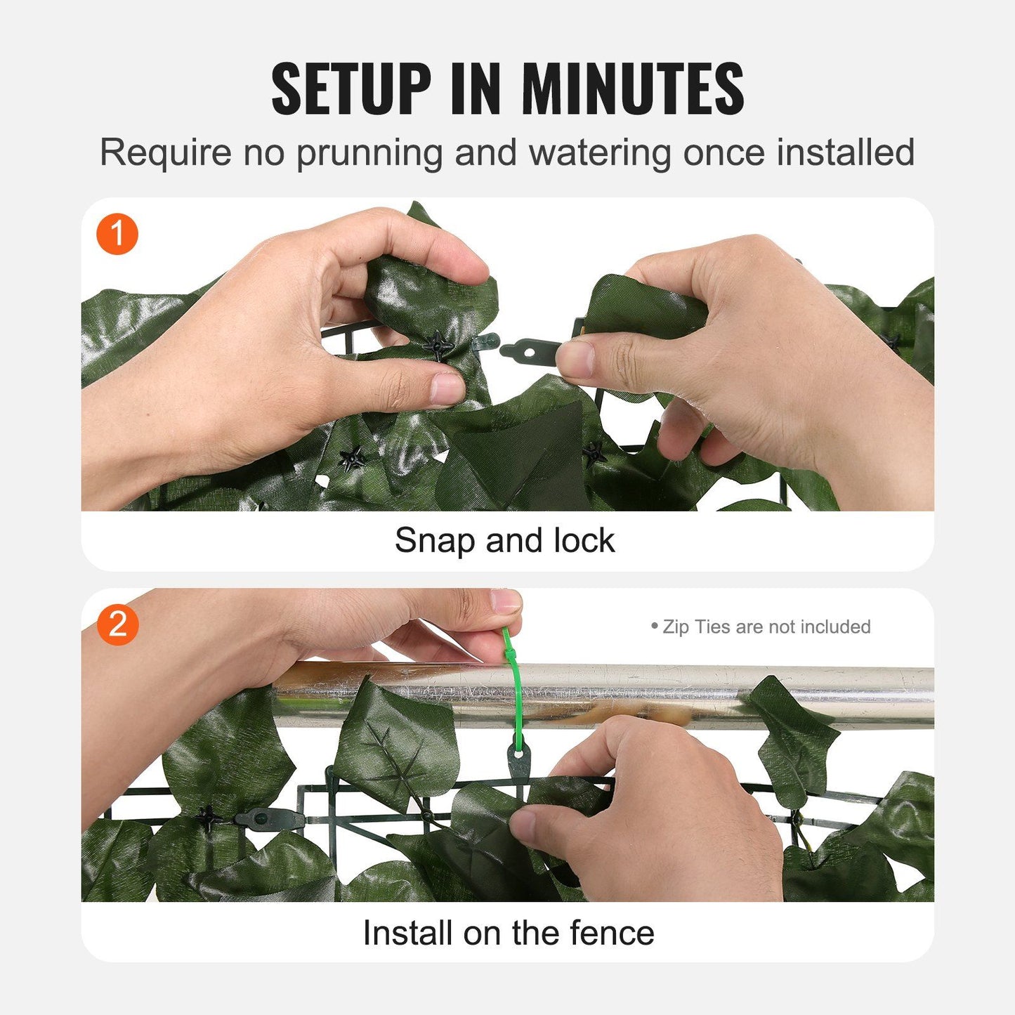 Hands snapping and locking artificial ivy privacy fence panels and installing them on a metal fence