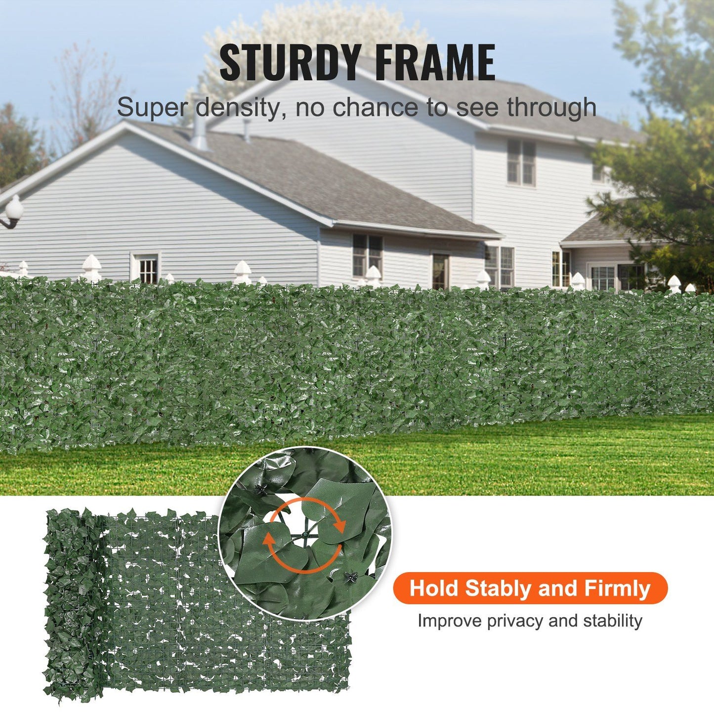 Artificial ivy privacy fence with sturdy frame providing dense coverage for enhanced privacy and stability
