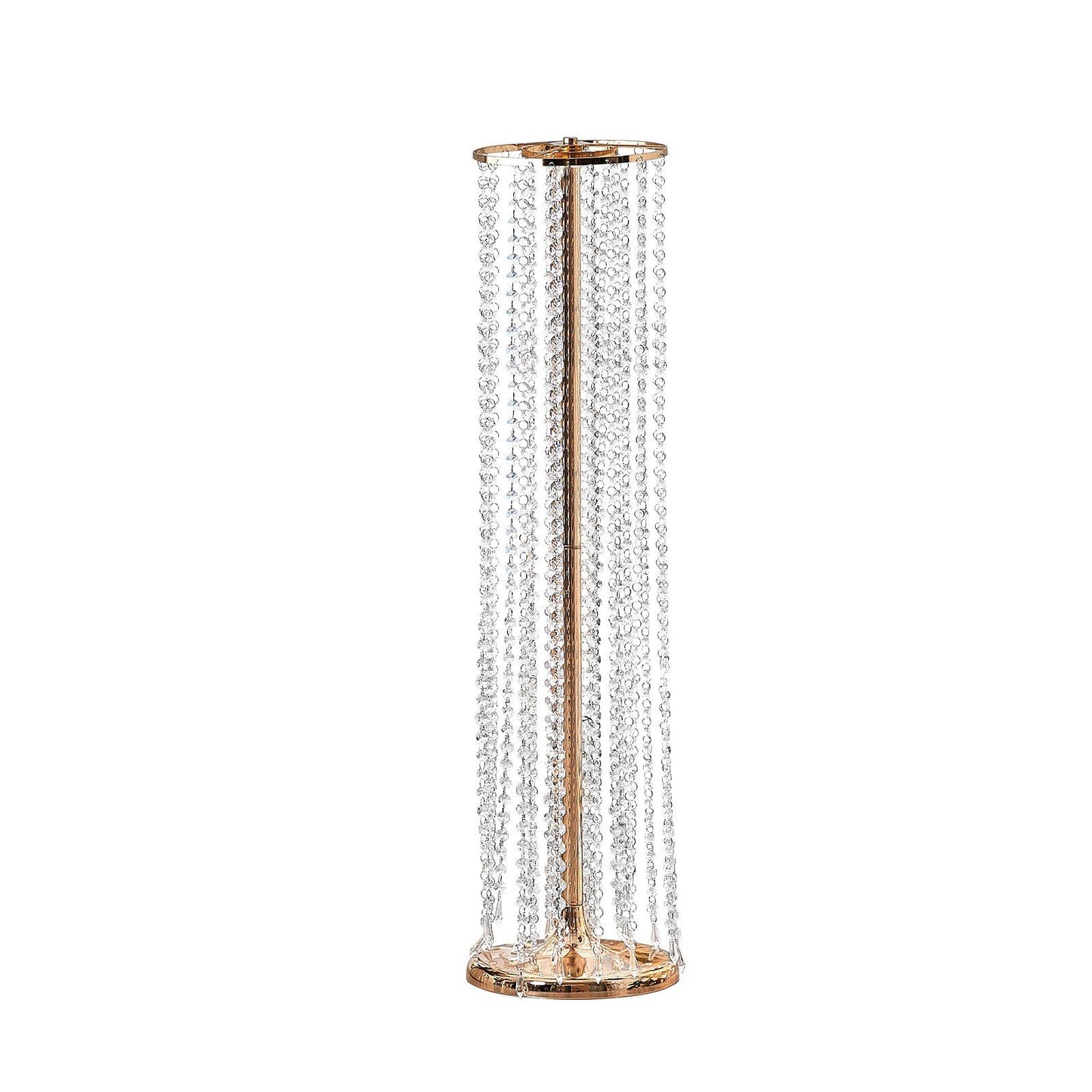 Tall crystal wedding flower stand with hanging beads and gold frame for elegant decor