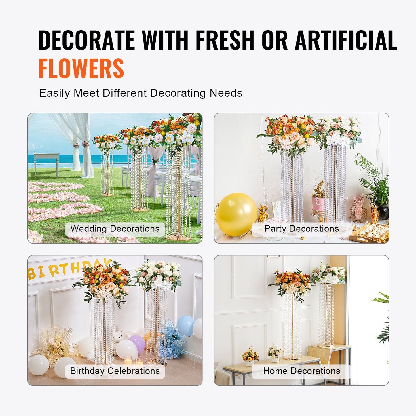Crystal wedding flower stand decorated with fresh and artificial flowers for weddings parties and home decor