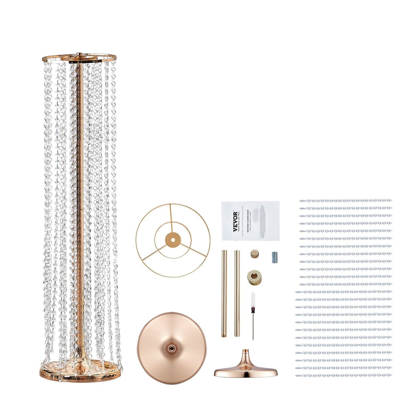 Crystal wedding flower stand kit with gold base and hanging crystal strands by FauxMart.com