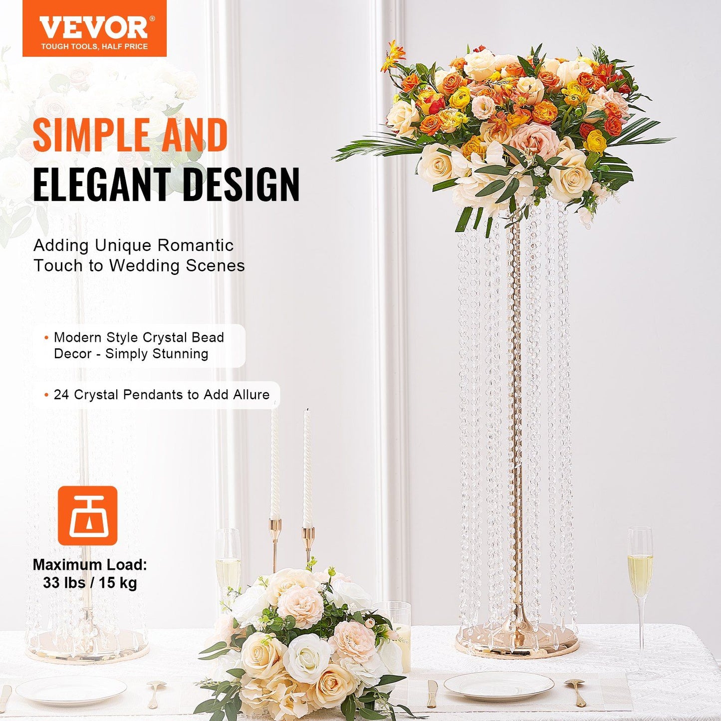 Elegant crystal wedding flower stand with cascading crystal beads and floral arrangement on top