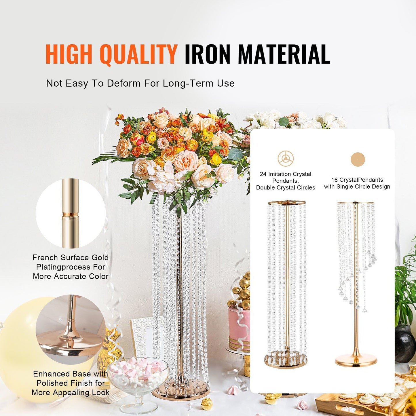 Elegant crystal wedding flower stand with gold iron material and imitation crystal pendants holding floral arrangement
