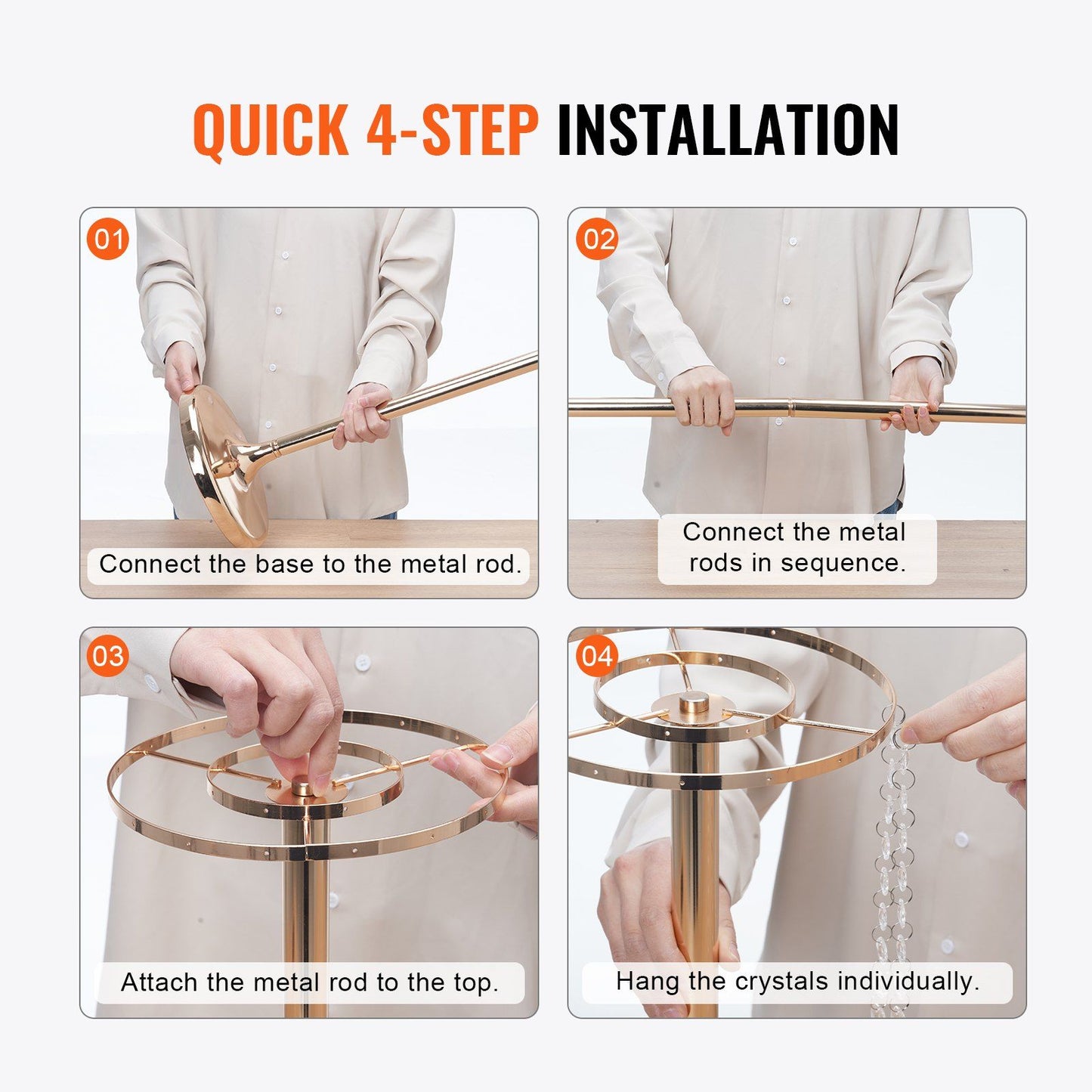 Step-by-step quick 4-step installation guide for crystal wedding flower stand with metal rods and hanging crystals