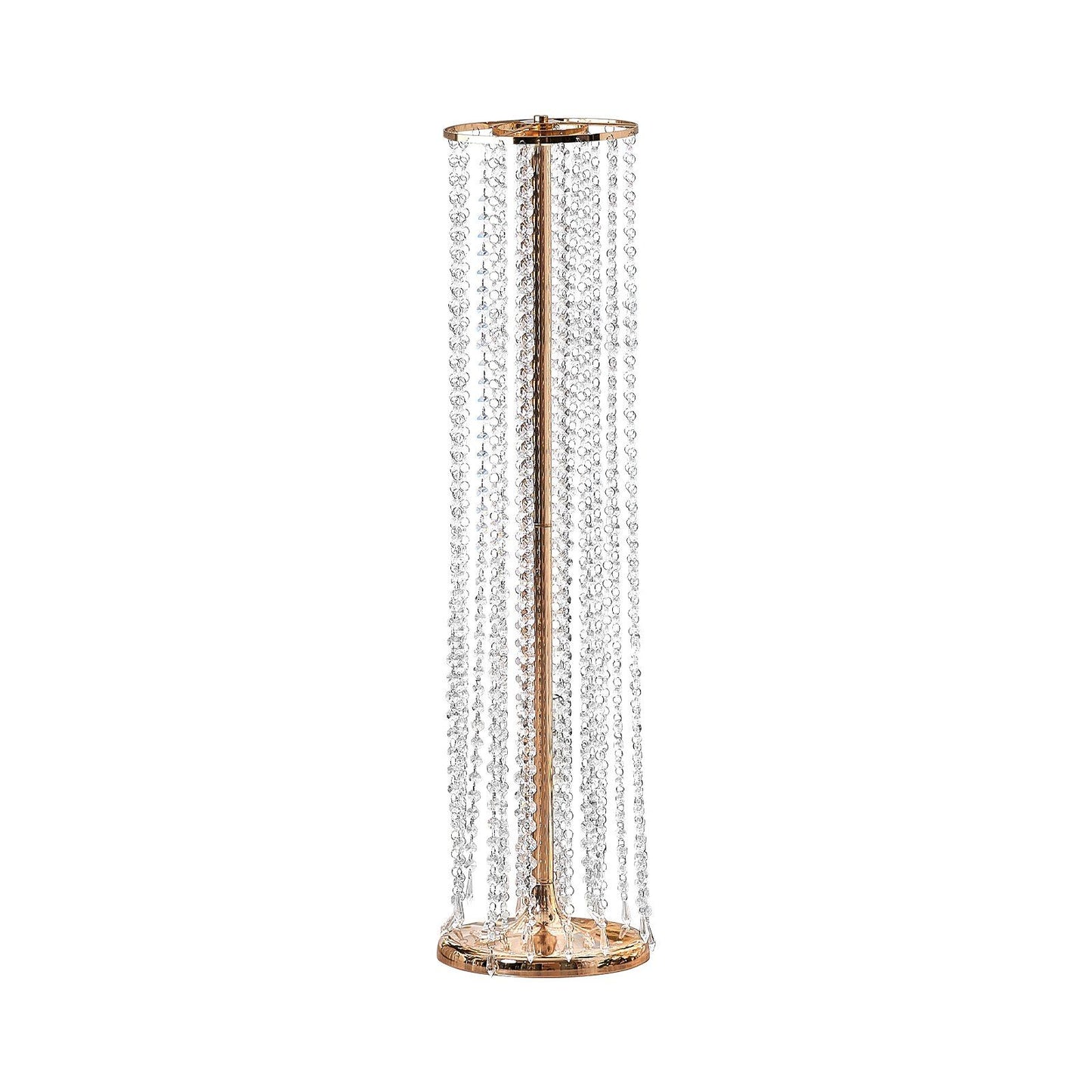 Elegant crystal wedding flower stand with gold frame and hanging crystal strands for event decor