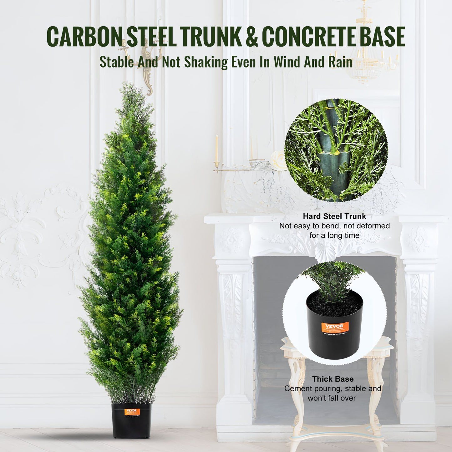Tall faux cedar topiary trees with carbon steel trunk and concrete base for stability indoors