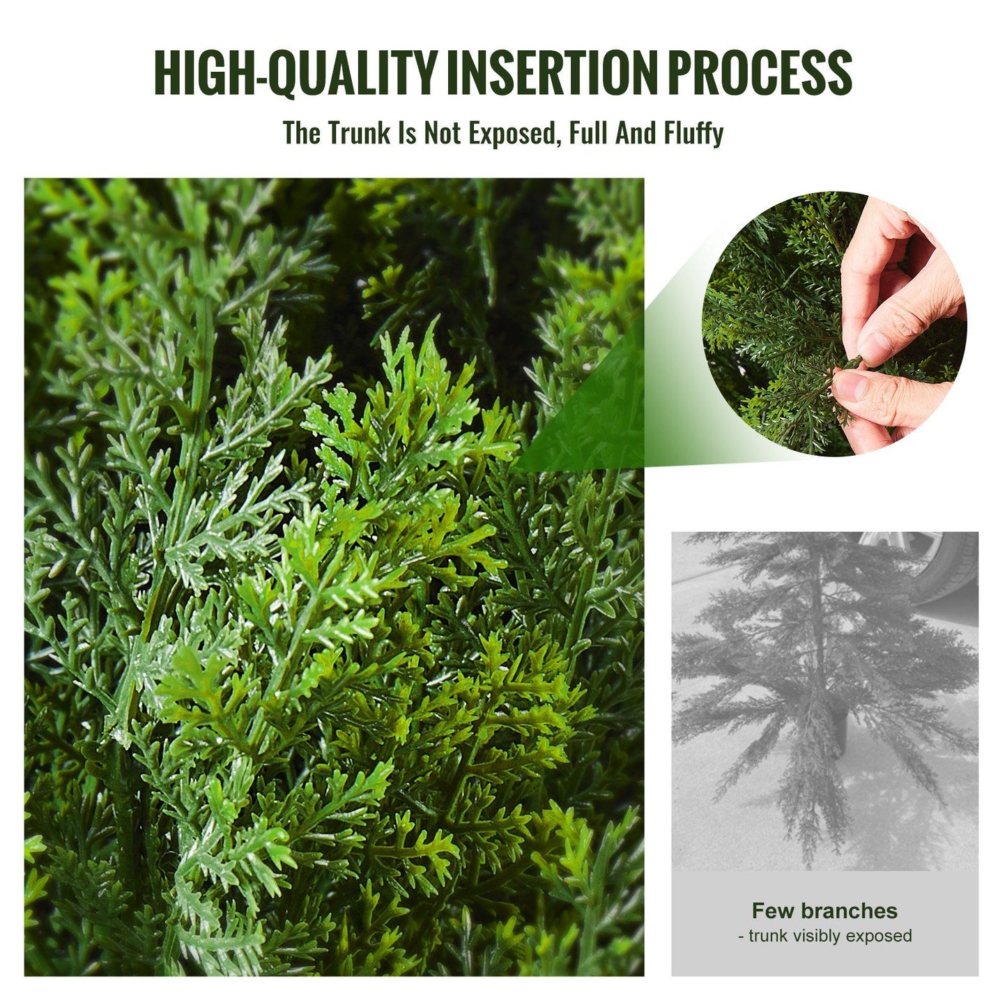 Close-up of high-quality insertion process showing full and fluffy faux cedar topiary trees with hidden trunk