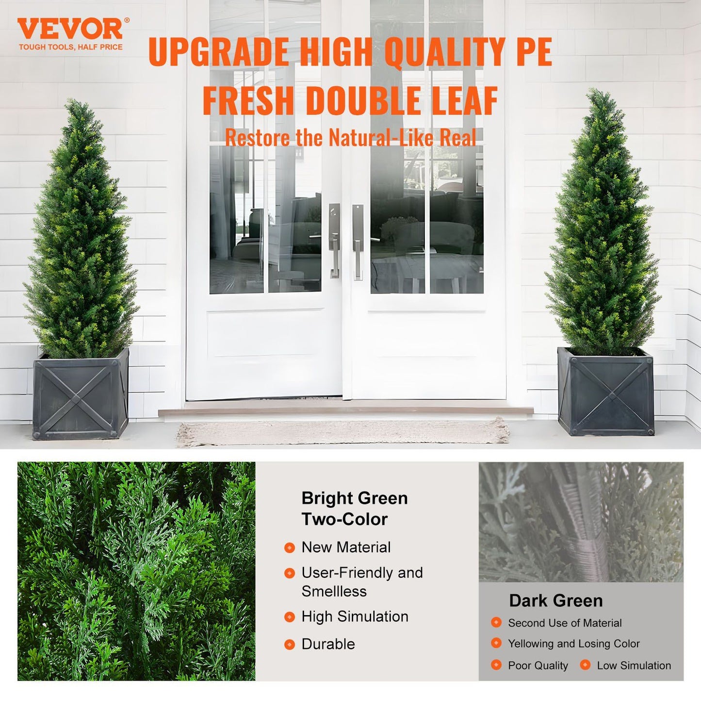 Two tall faux cedar topiary trees in black square planters flanking a white front door with bright green fresh double leaf foliage