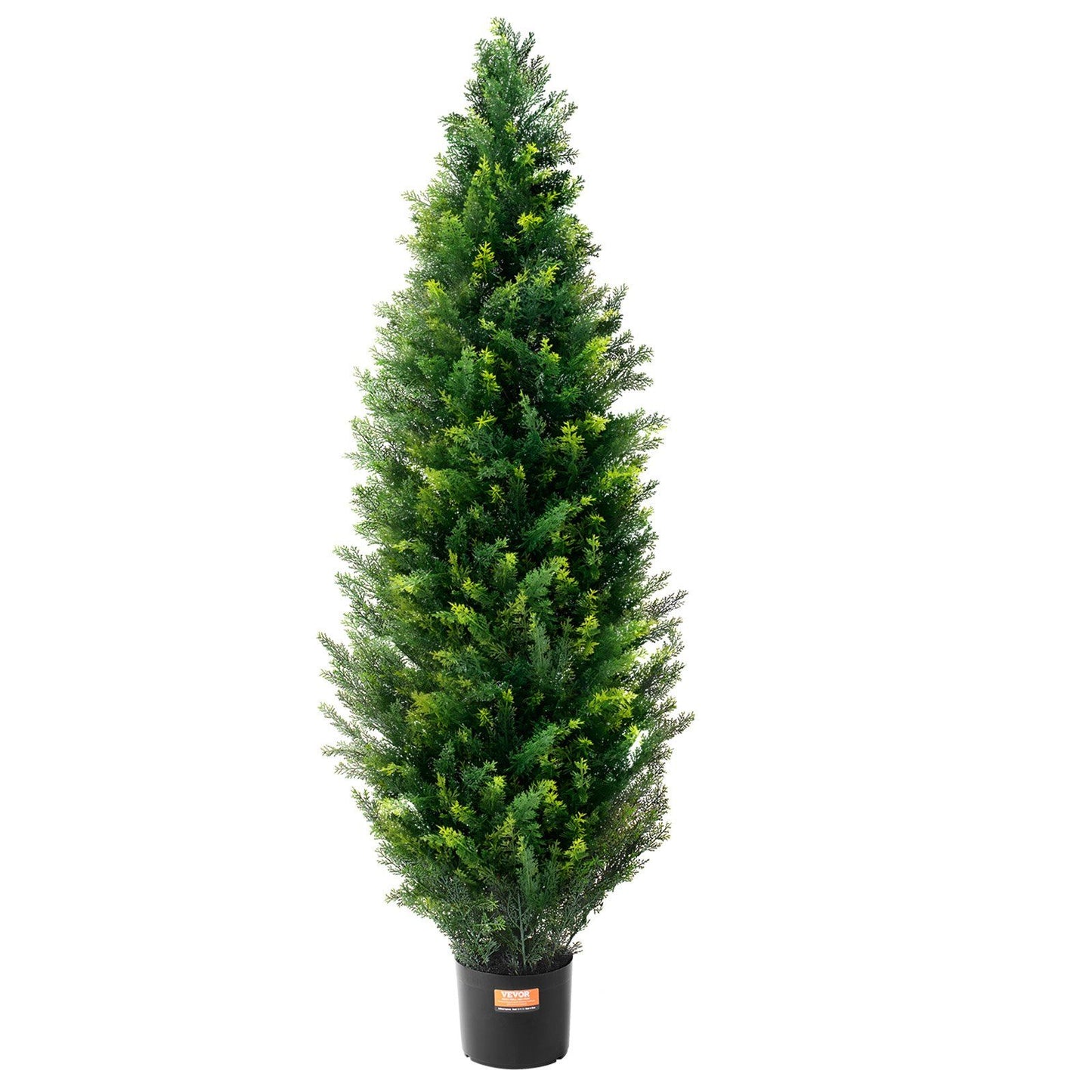 Tall artificial faux cedar topiary trees with dense green foliage in a black planter