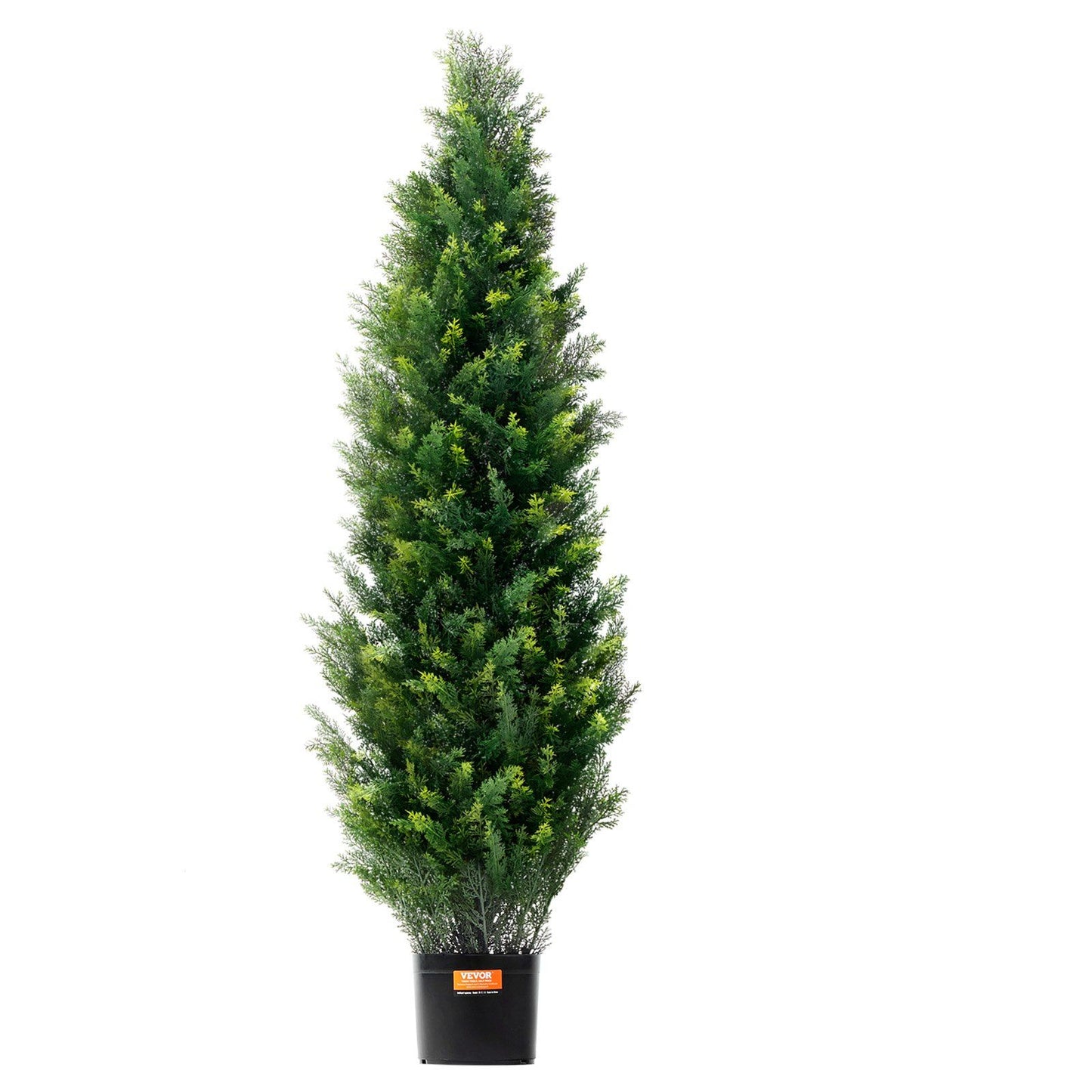 Tall green faux cedar topiary tree in a black pot for indoor and outdoor decor