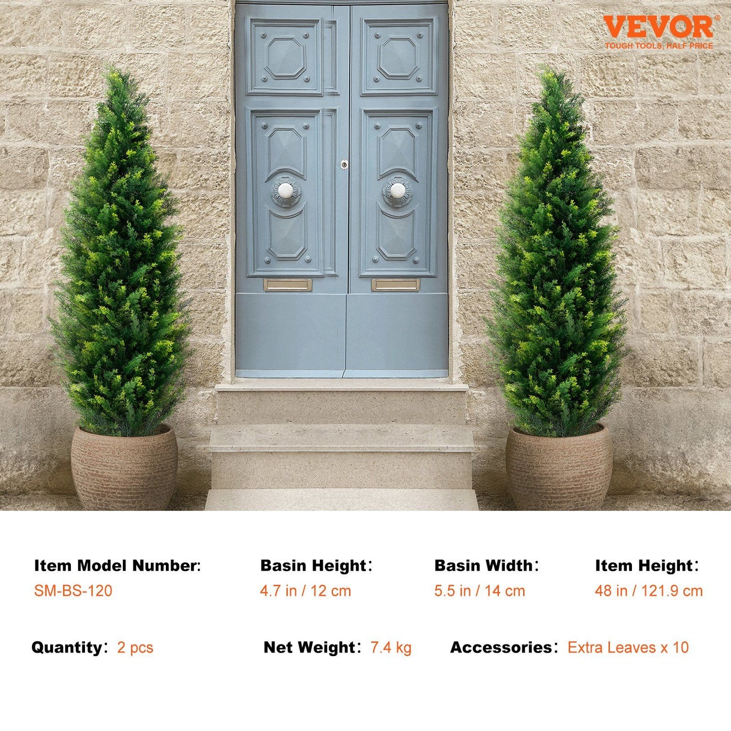 Pair of faux cedar topiary trees in large woven planters flanking a blue front door entry