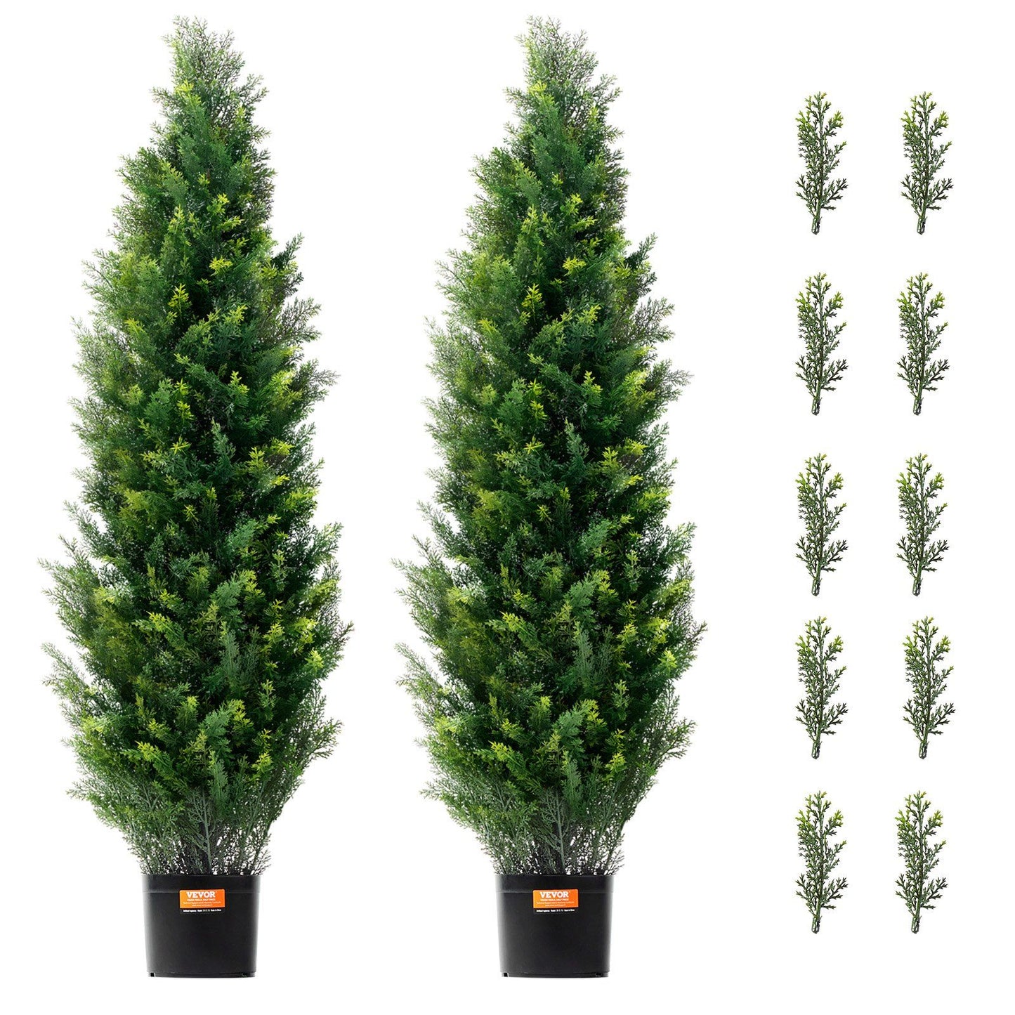 Two tall faux cedar topiary trees in black pots with multiple small matching faux cedar branches