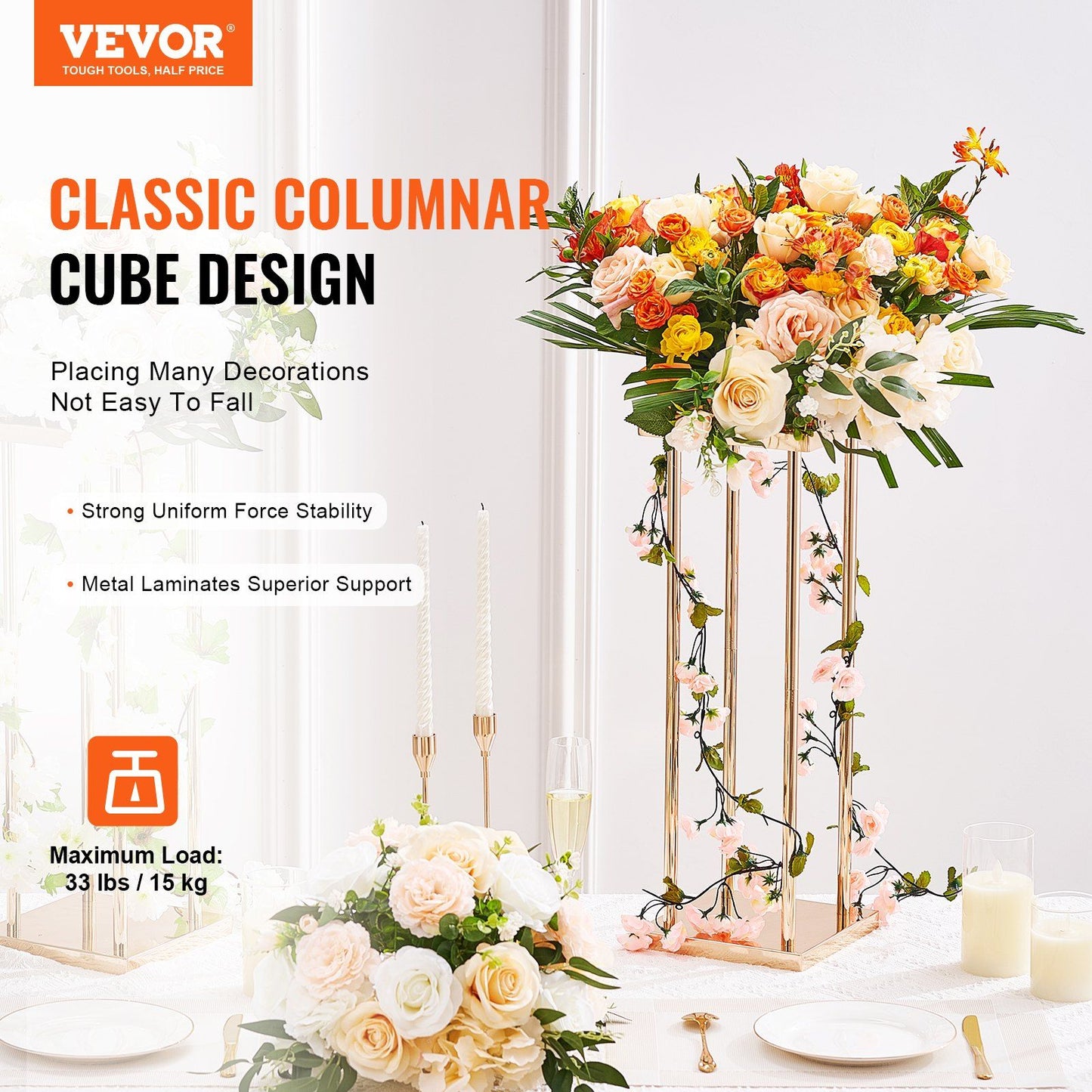 Gold metal wedding flower stands with classic columnar cube design holding floral arrangements