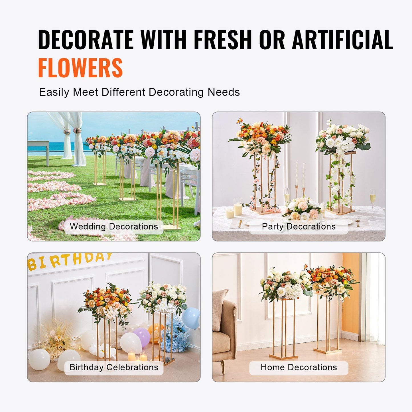 Gold metal wedding flower stands displayed with fresh and artificial flowers for wedding party and home decorations