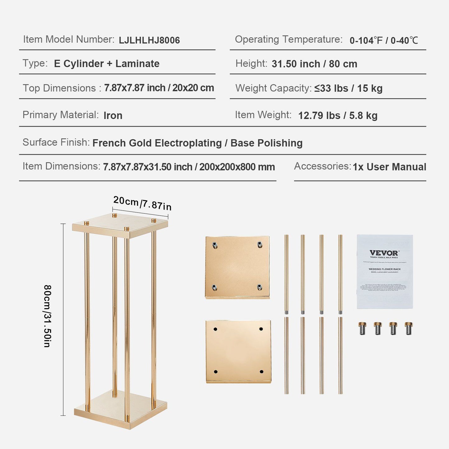 Disassembled gold metal wedding flower stands with iron parts and user manual for event decoration