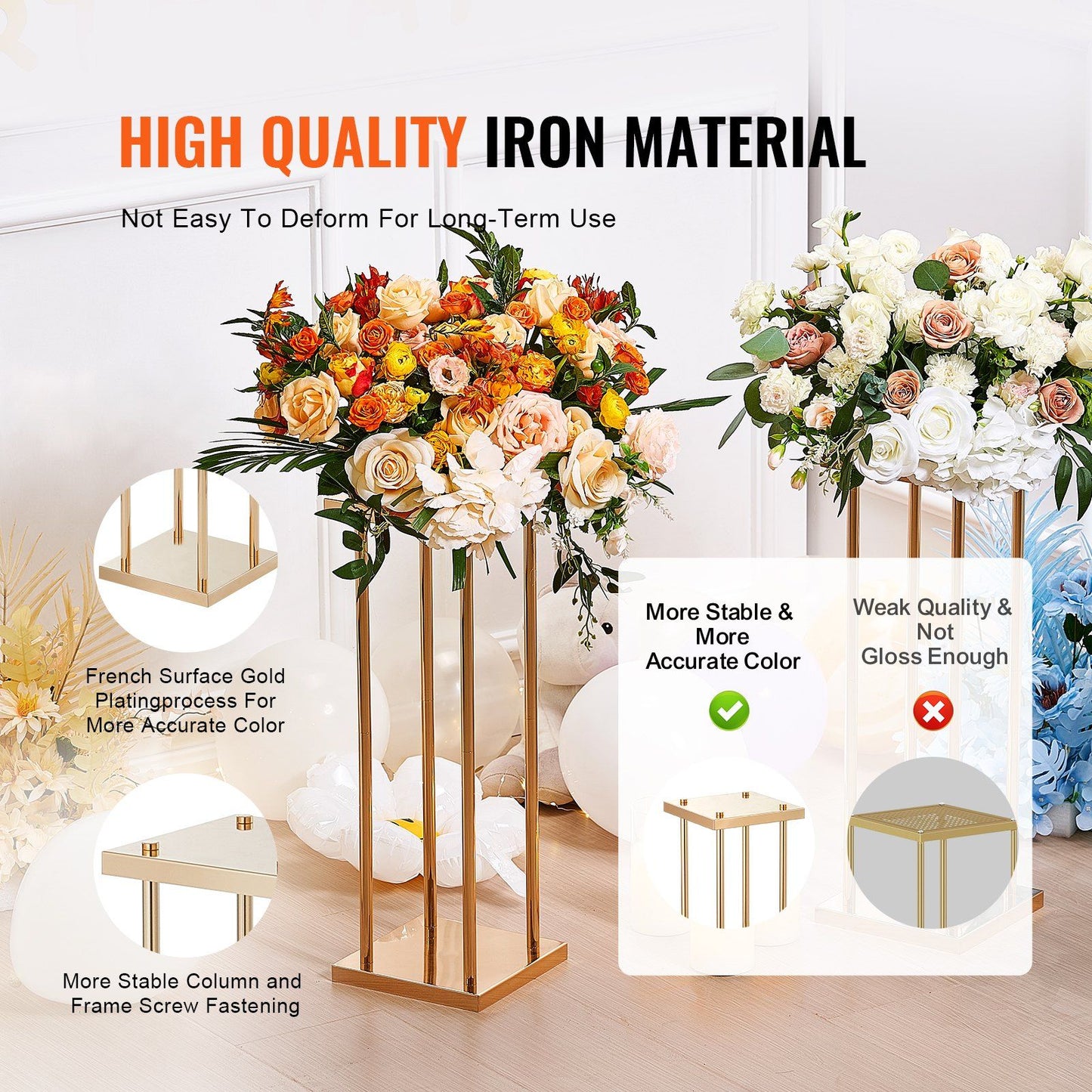 Gold metal wedding flower stands with iron material showcasing high quality and stable construction