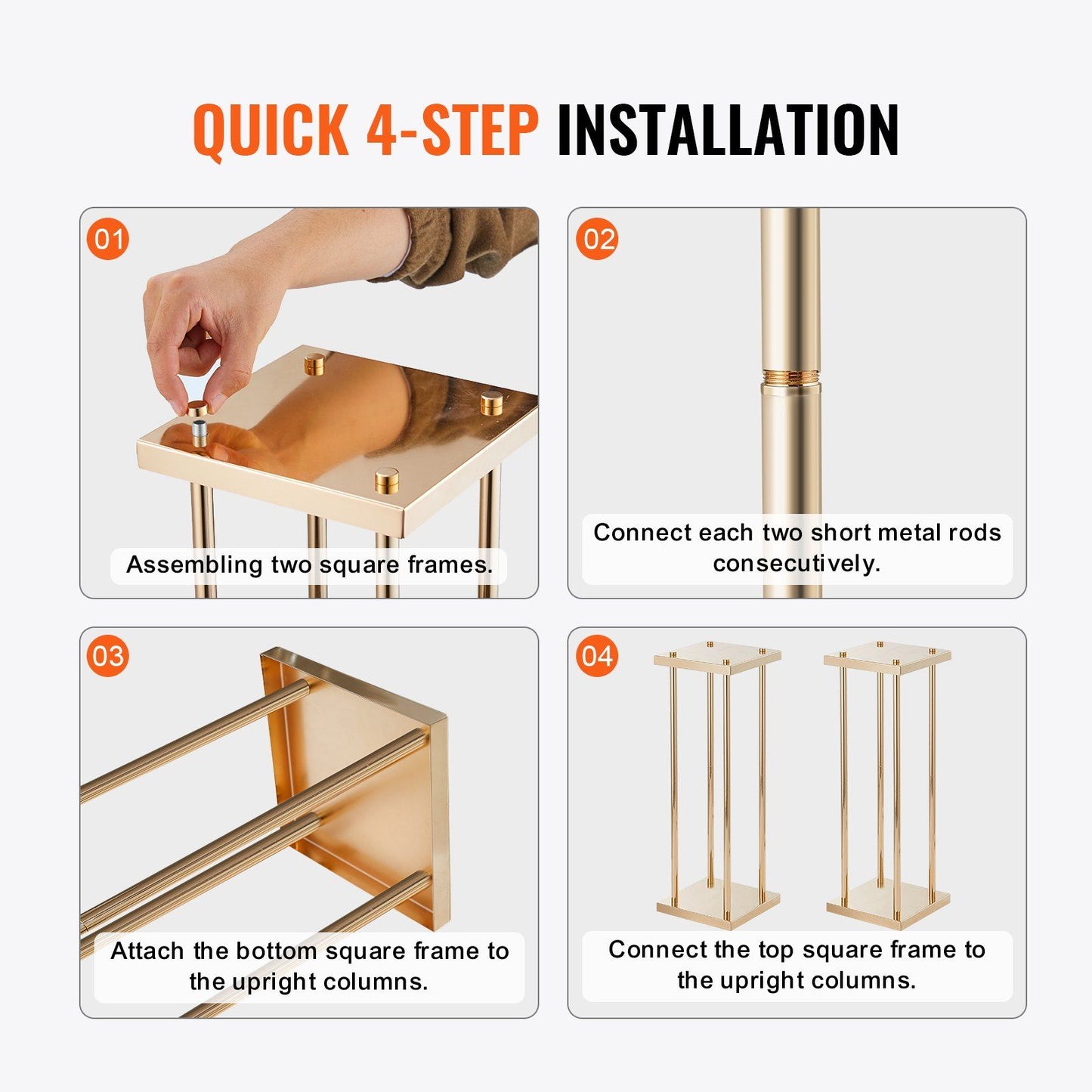 Step-by-step assembly instructions for gold metal wedding flower stands with square frames and metal rods