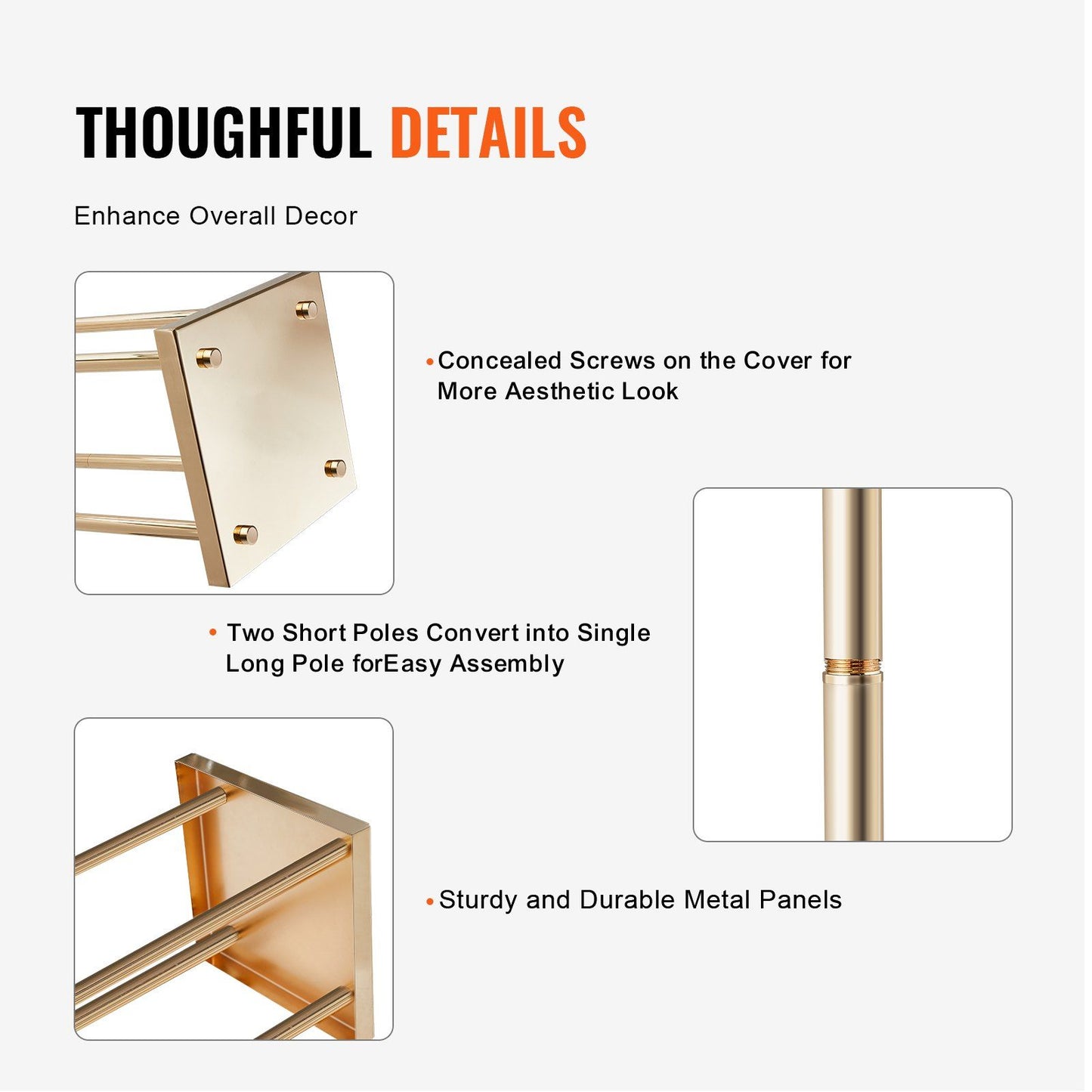 Close-up details of gold metal wedding flower stands showing concealed screws, pole connection, and sturdy metal panels