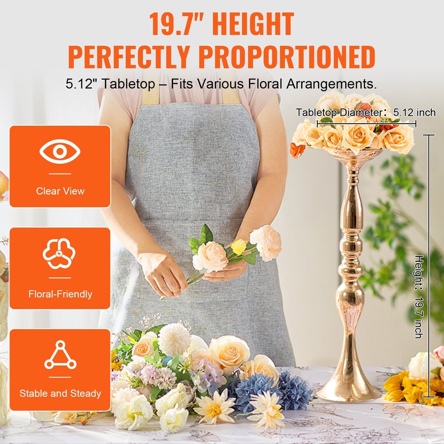 Gold wedding flower stands 19.7 inch height with 5.12 inch tabletop holding floral arrangements