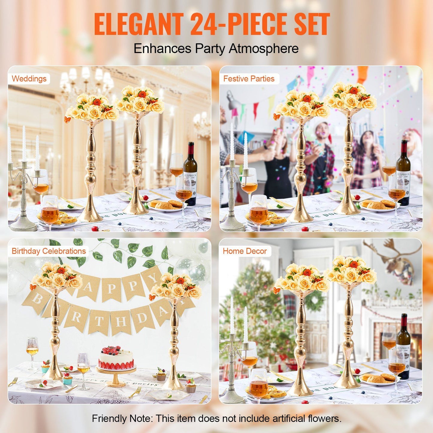 Elegant 24-piece set of gold wedding flower stands with cream and orange flowers enhancing party and home decor