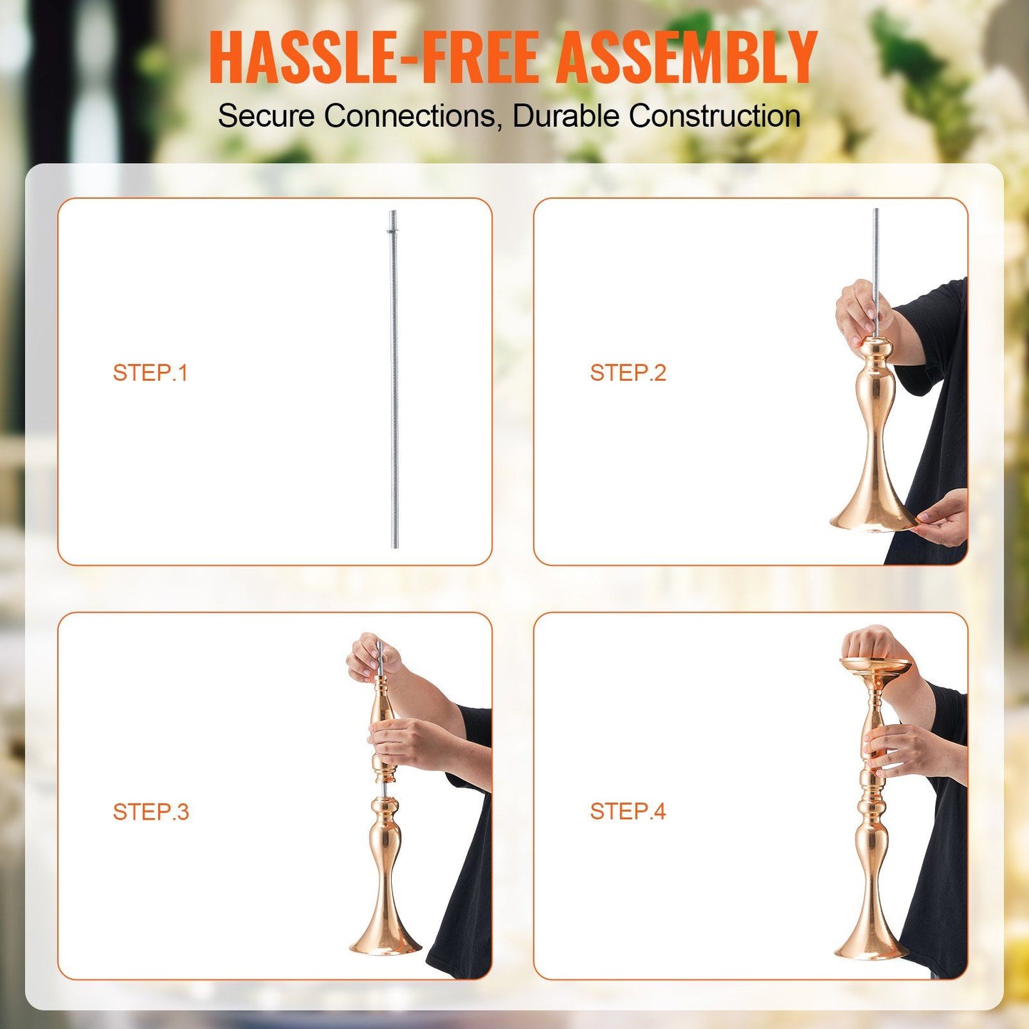 Step-by-step assembly instructions for gold wedding flower stands with secure connections and durable construction